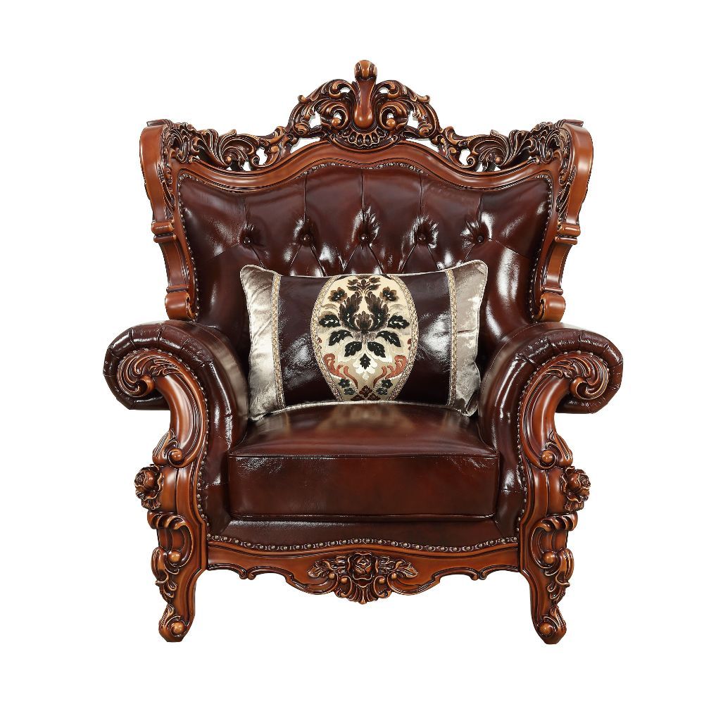 ACME Eustoma - Chair - Cherry Top Grain Leather Match & Walnut | Meri Furniture