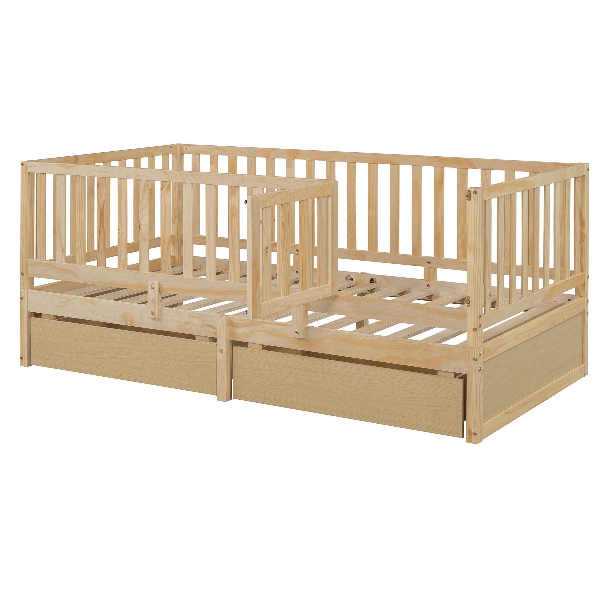 Daybed With Fence Guardrails And 2 Drawers, Split Into Independent Floor Bed & Daybed