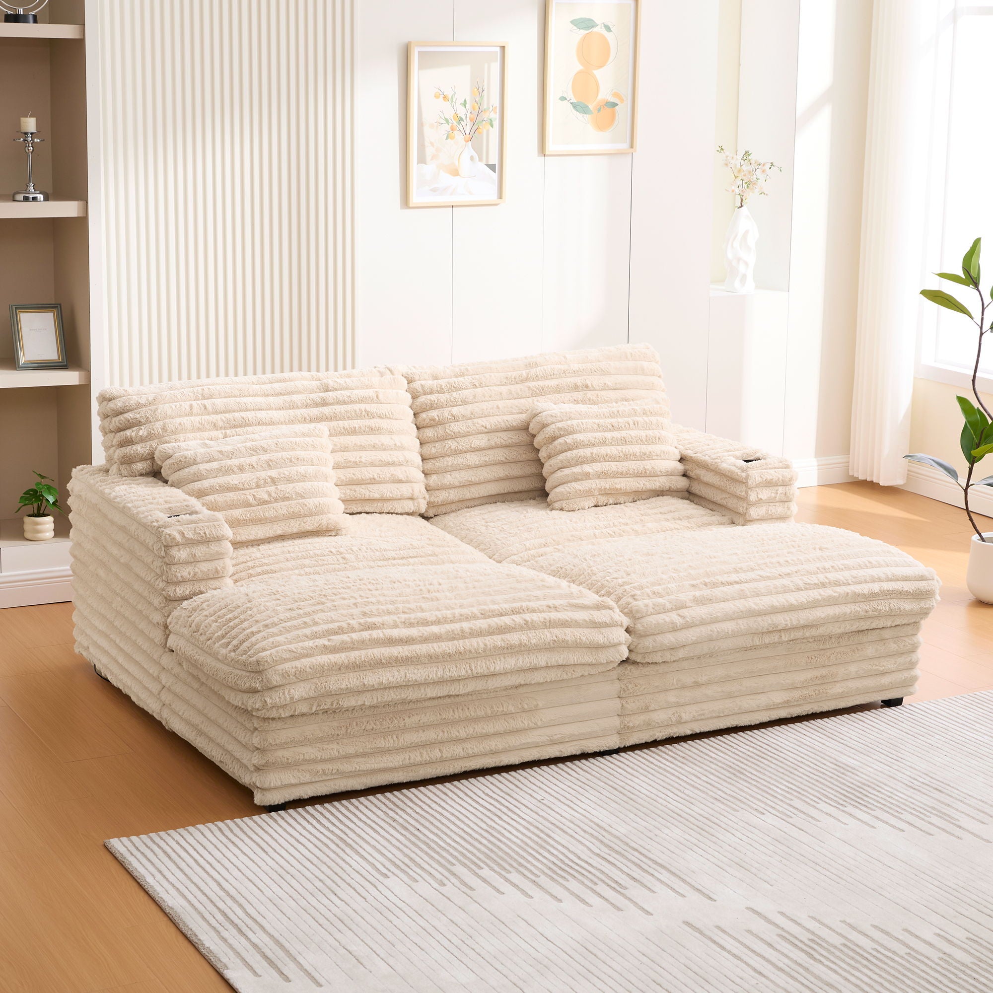 Plush Oversized Double Chaise Lounge Sofa Bed With USB Ports And Cup Holders