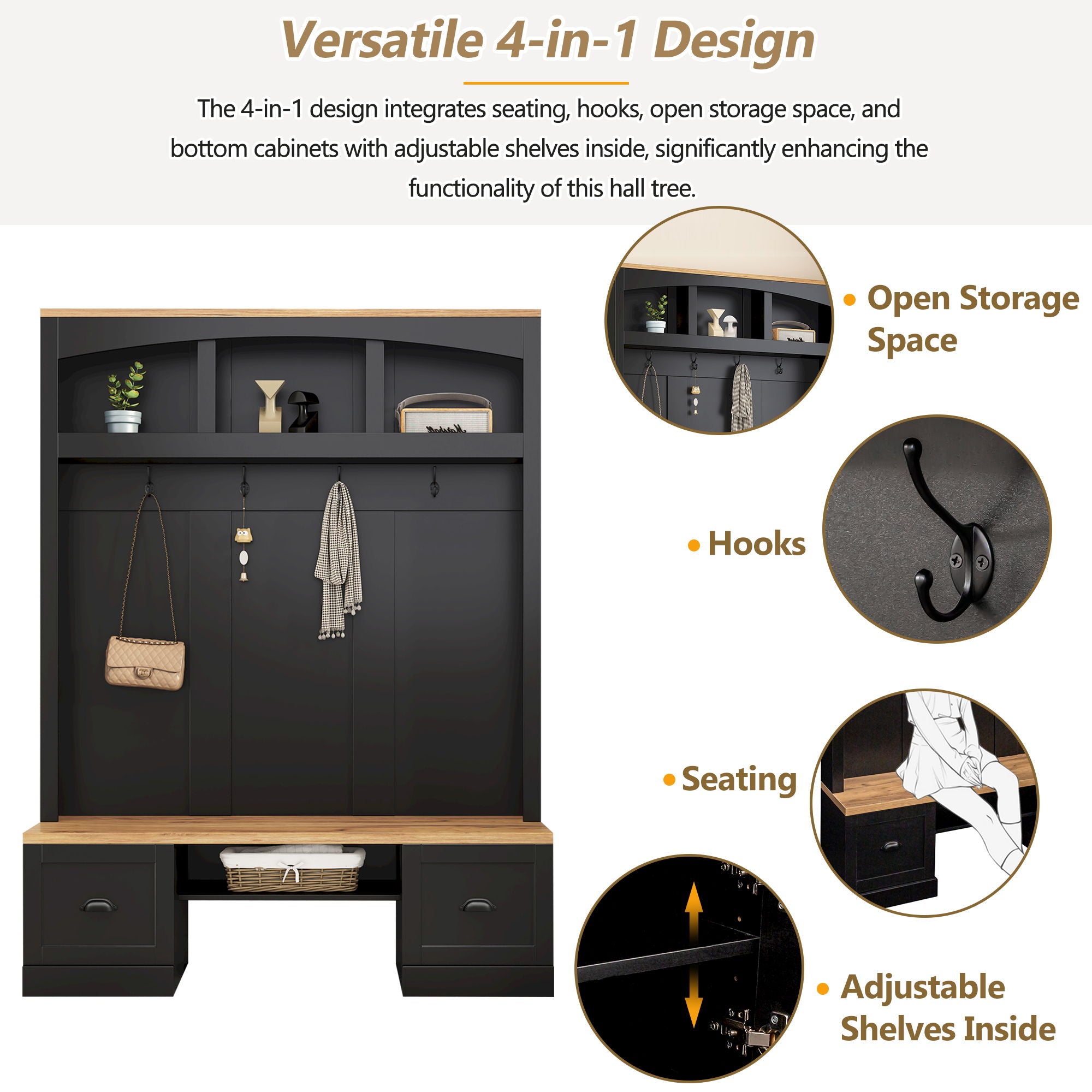 Farmhouse 4 In 1 Hall Tree With Wood Grain Bench And Top