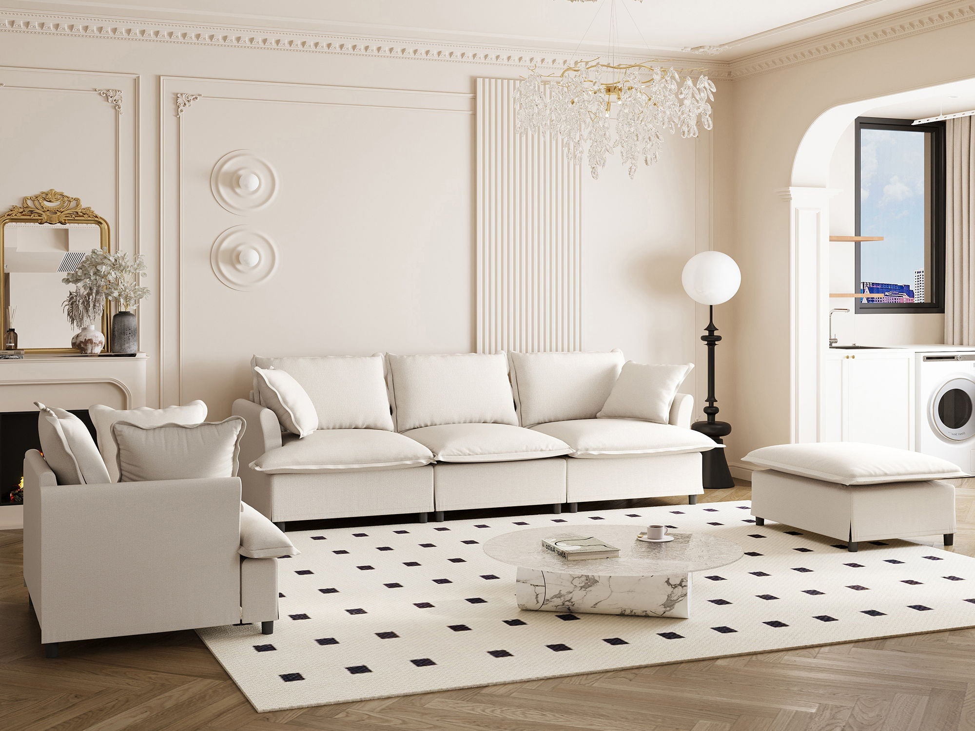 Living Room Set Modular Sectional Couch, Upholstered Sofa & Armchair & Movable Ottoman