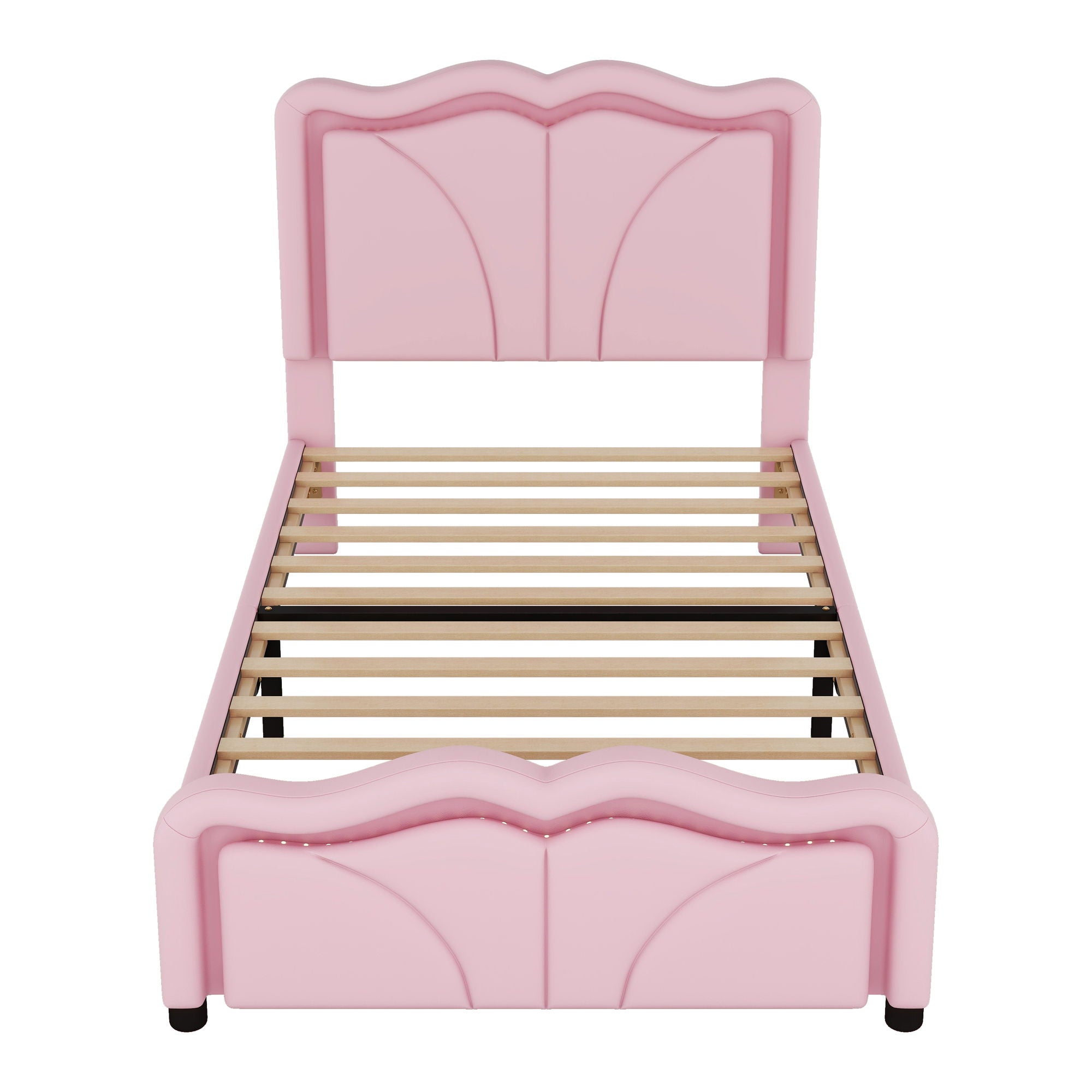 Upholstered Platform Bed & Curve Shaped And Height Adjustable Headboard, LED Light Strips