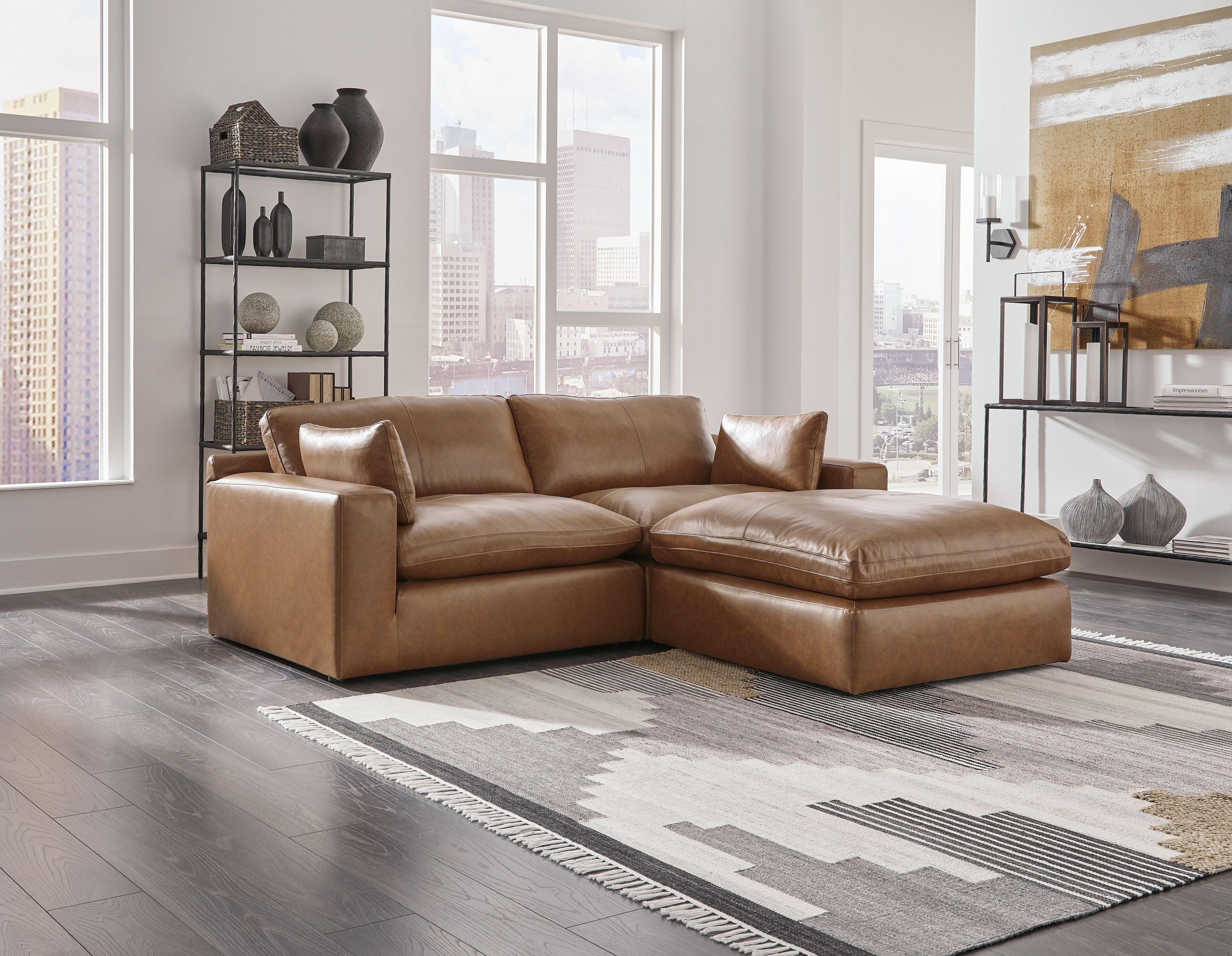 Signature Design by Ashley® Emilia - Caramel - 3 Pc. - 2-Piece Sectional Loveseat, Ottoman | Meri Furniture