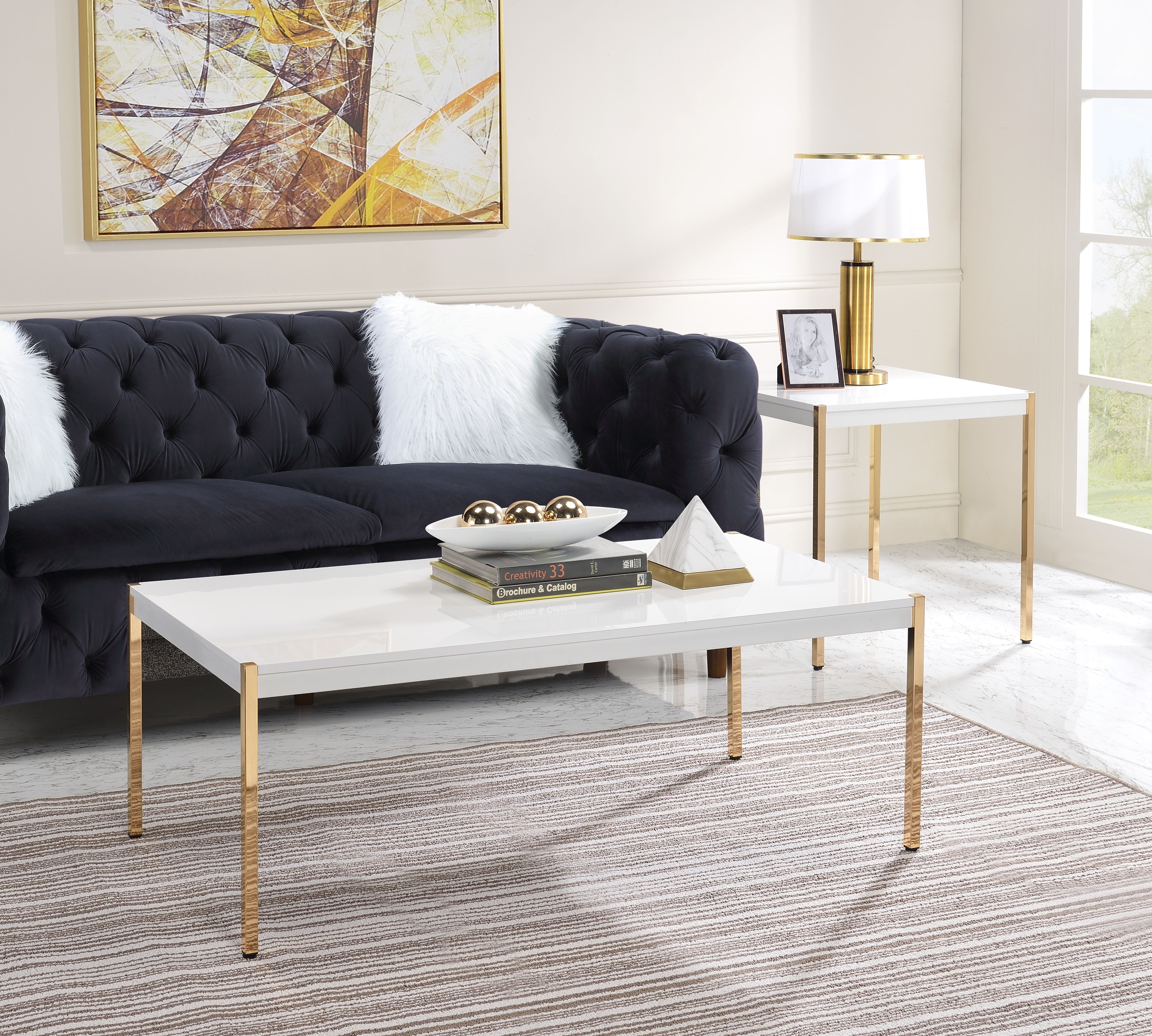 ACME Otrac - End Table - White & Gold Finish | Meri Furniture