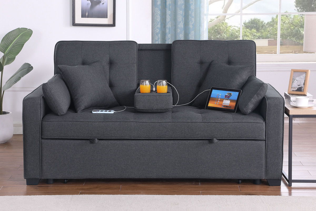 Cody II 70"W Dark Gray Linen Convertible Sleeper Loveseat with Dropdown Console, Cup Holders, Charging Ports, Pocket, and Pocket Coil Seating