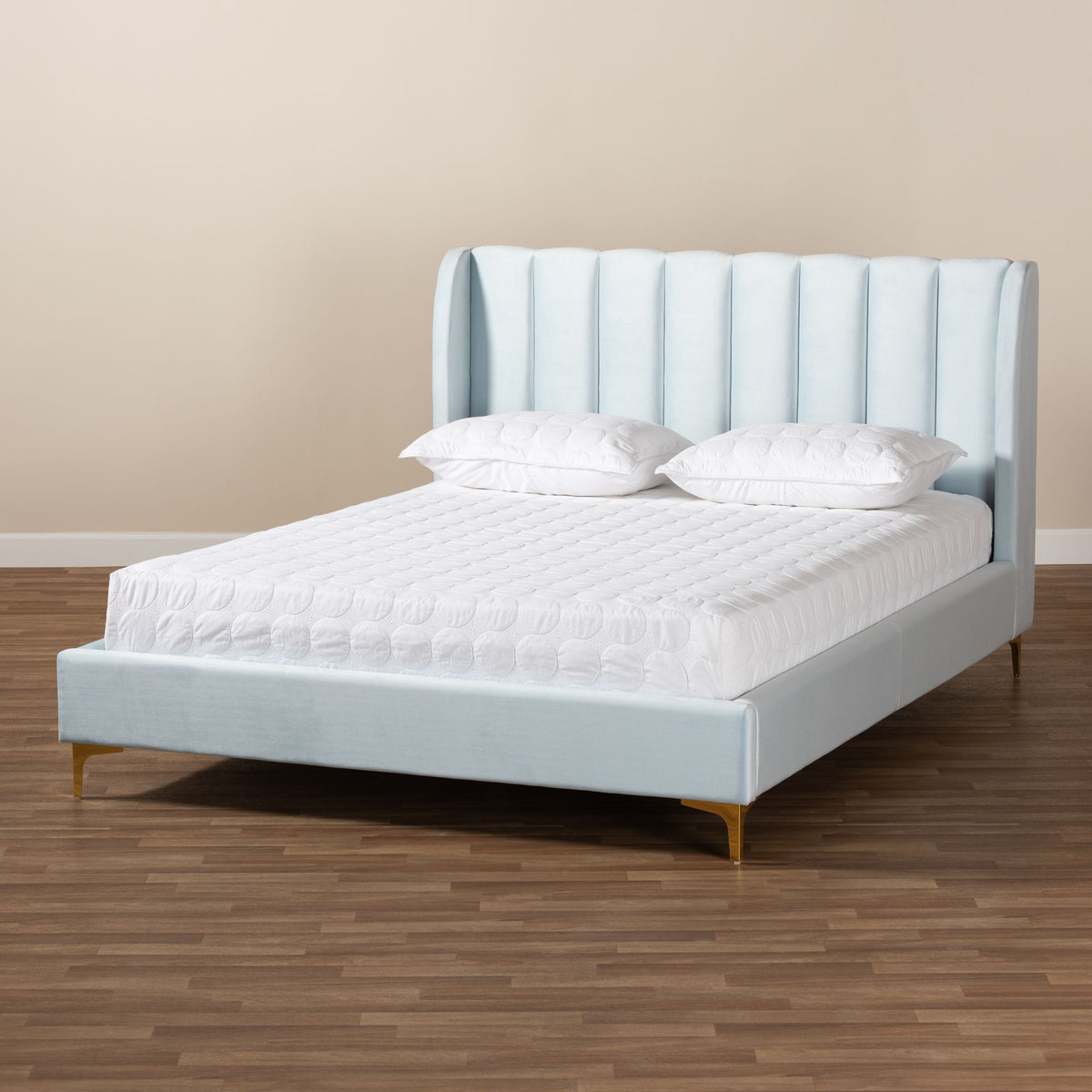 Saverio Glam and Luxe Light Blue Velvet Fabric Upholstered Queen Size Platform Bed with Gold-Tone Legs