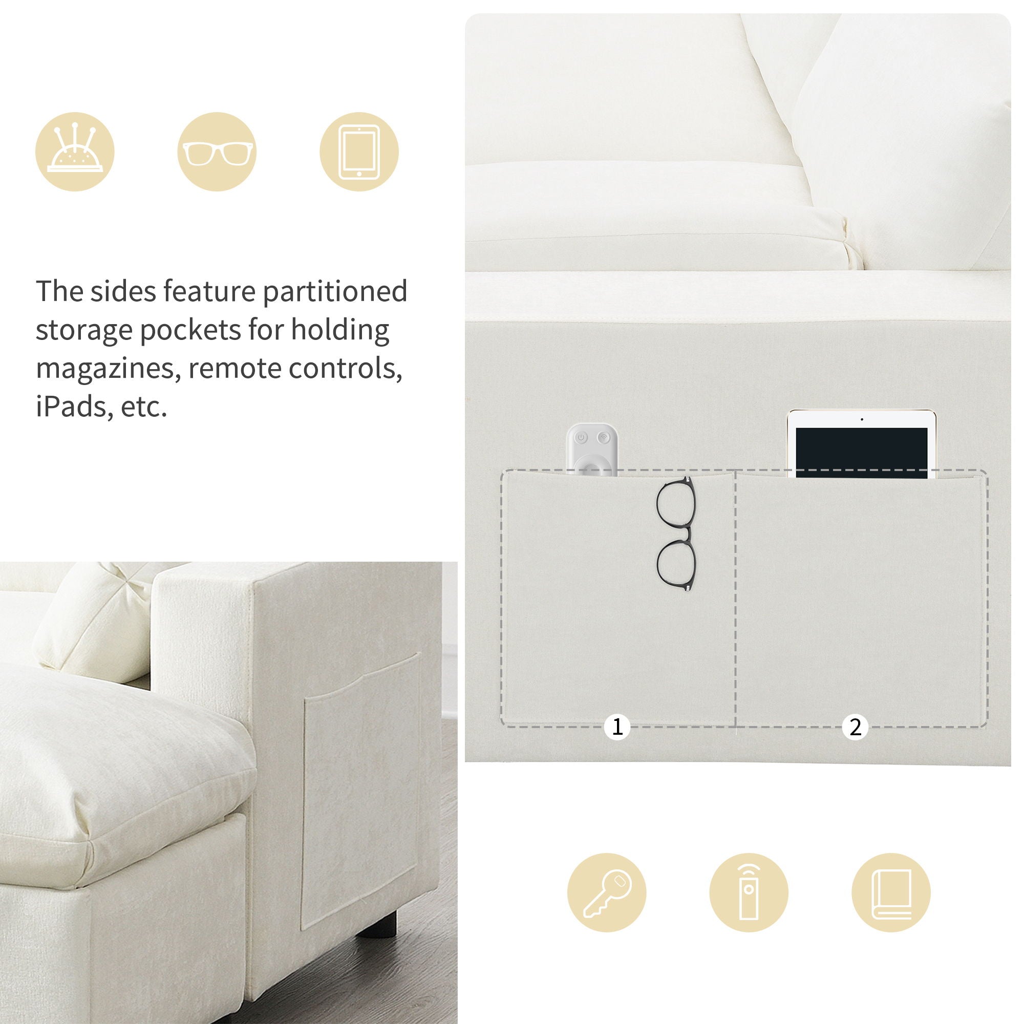 Modular Sectional With Storage Pockets, 5 Seat U Shaped Couch Set With Pillows, Free Combination Modern Cloud Sofa With 2 Movable Ottoman