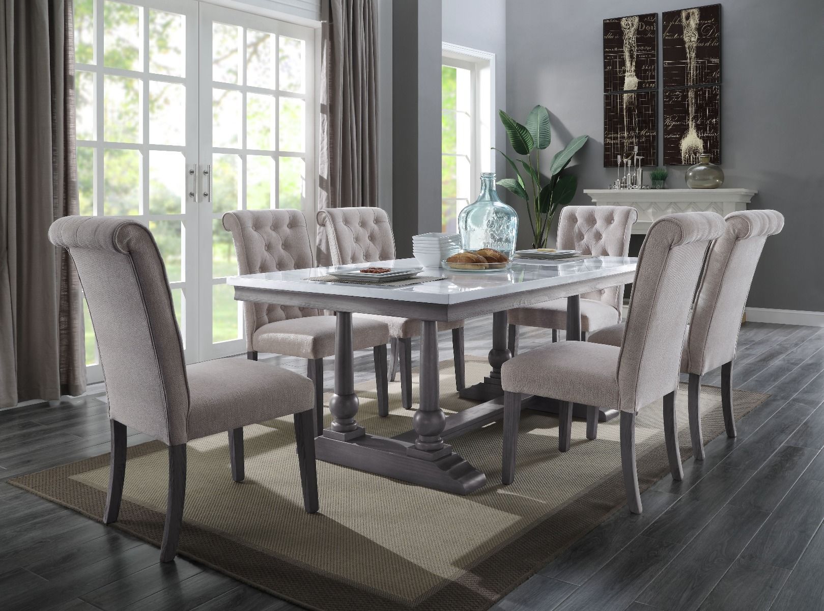 ACME Yabeina - Dining Table - Marble Top & Gray Oak Finish | Meri Furniture
