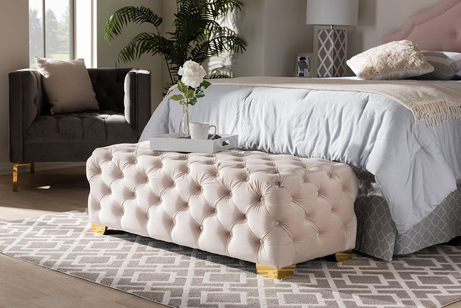 Avara Glam and Luxe Light Beige Velvet Fabric Upholstered Gold Finished Button Tufted Bench Ottoman