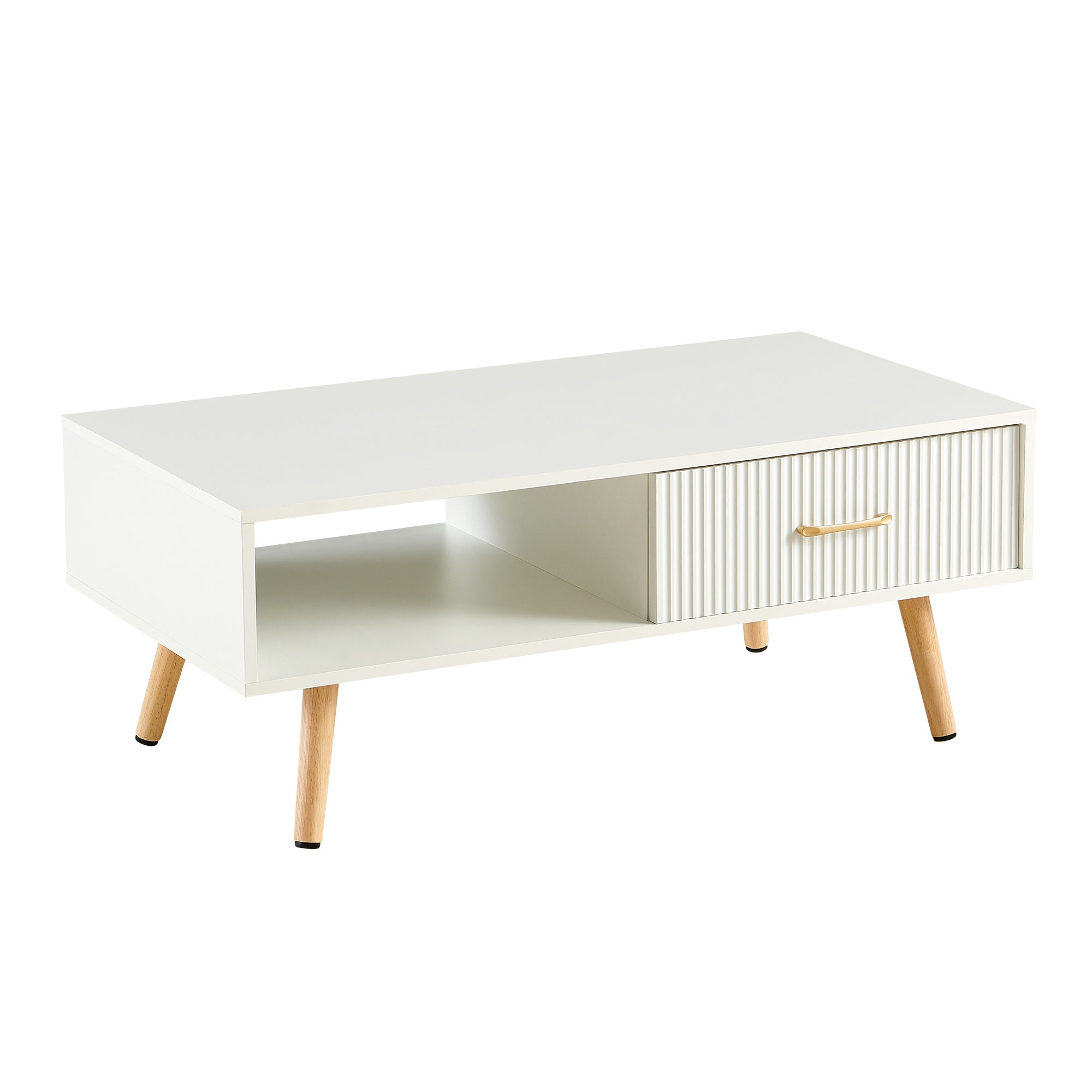 Modern Rectangle Coffee Table With Legs, Sliding Drawer For Storage - White