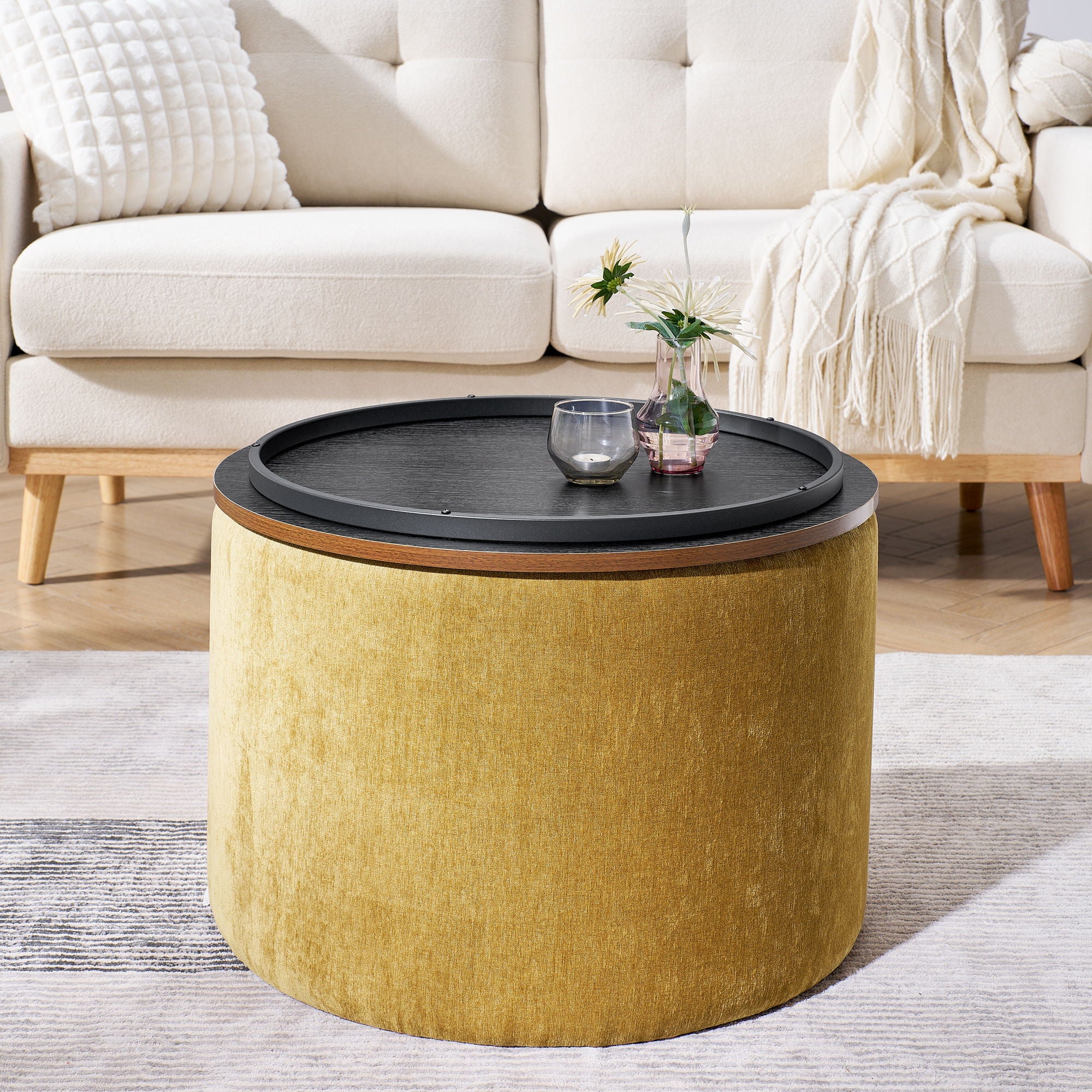 Classic 2 Piece Round Storage Ottoman Set With Drum Shaped Stool