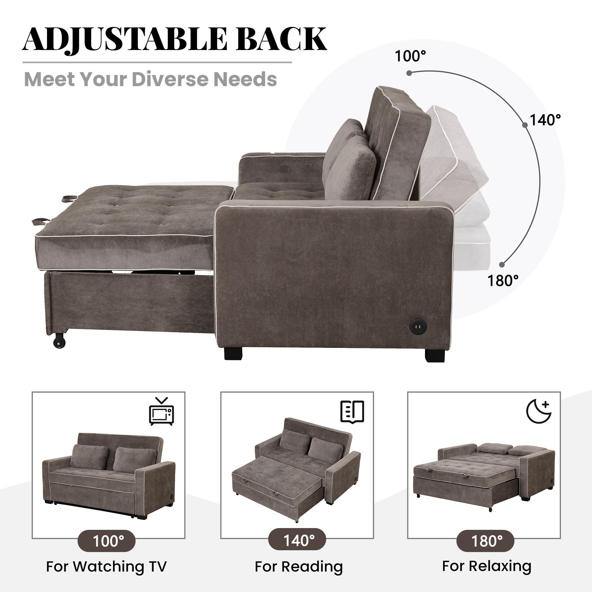 Upholstered Sleeper Bed Sofa With Dual USB Charging, Adjustable Backrest