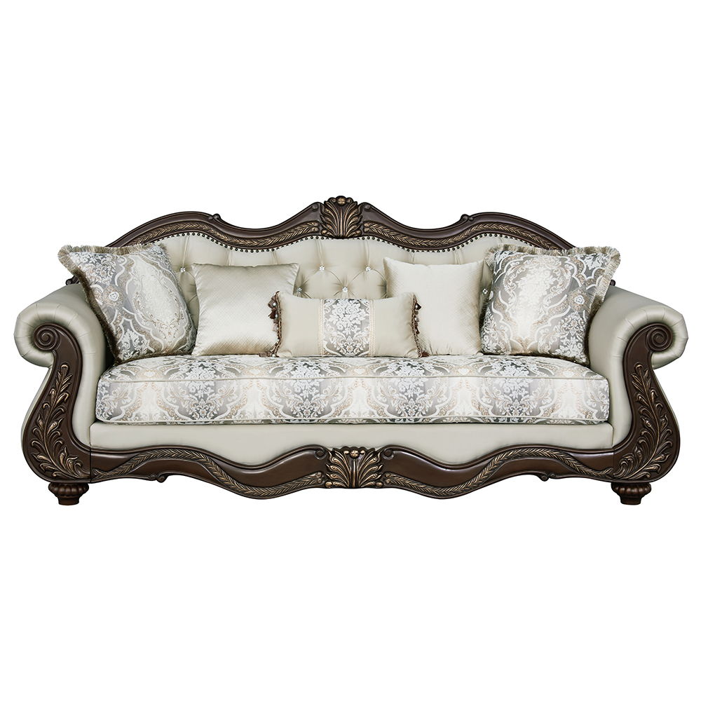 ACME Pierce - Sofa With 5 Pillows - Beige Fabric & Cherry Finish | Meri Furniture