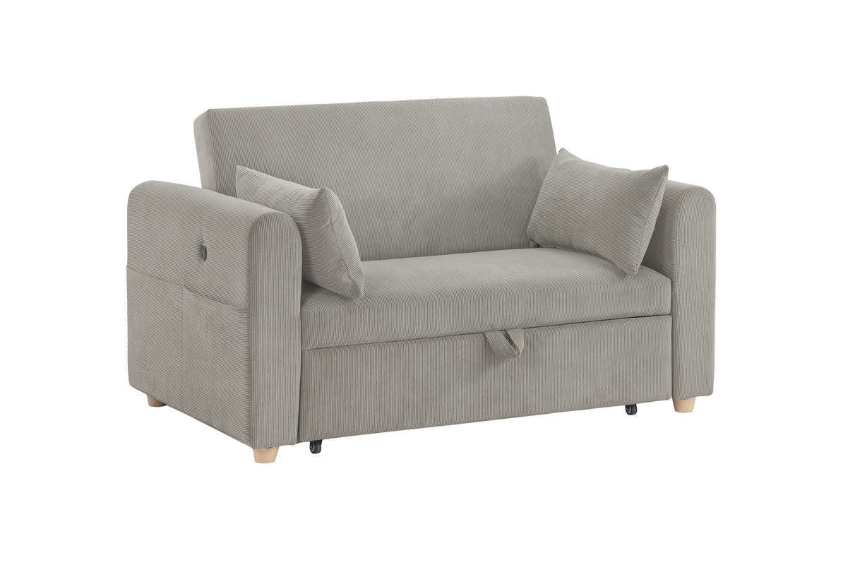 Marielle 55"W Gray Corduroy Convertible Sleeper Loveseat with USB Ports, Magazine Pockets, and Pillows