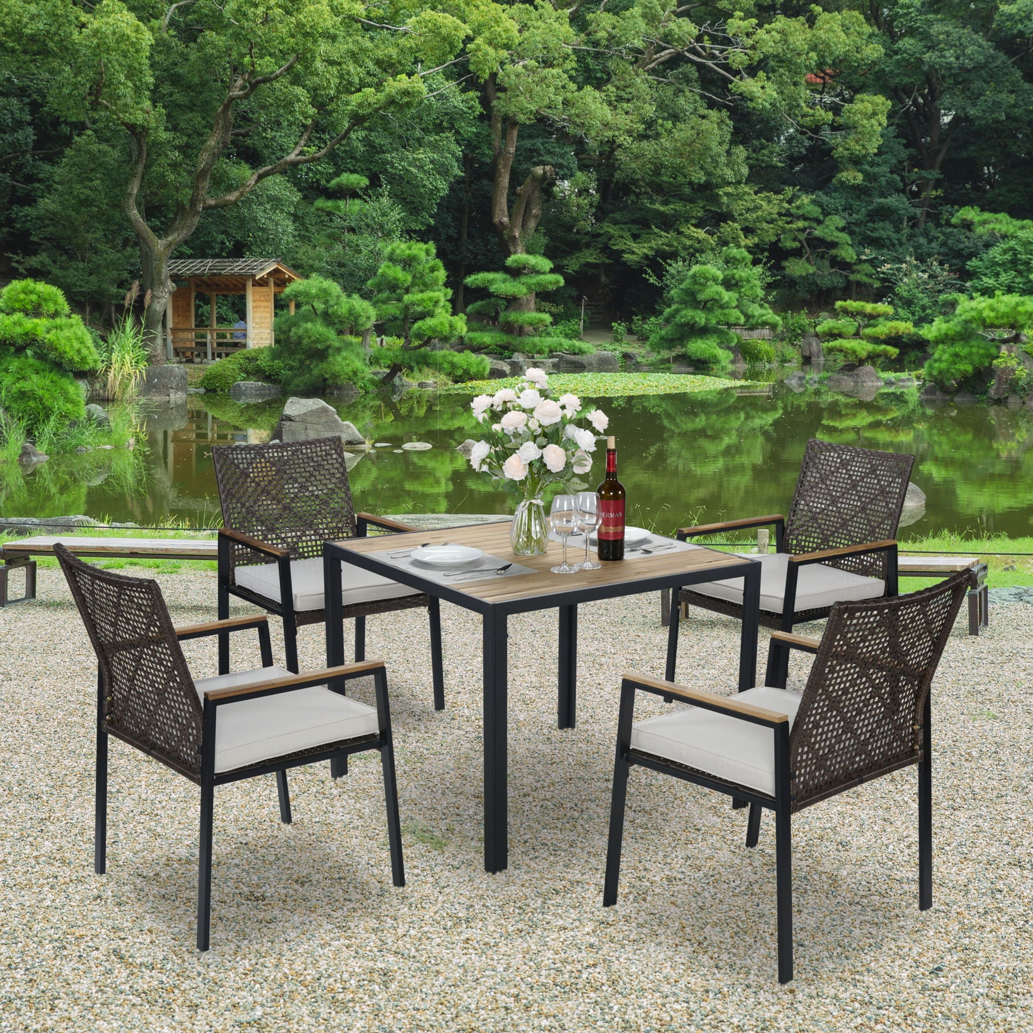 5 Piece Patio Dining Table Set, Acacia Wood Table Top With Umbrella Hole