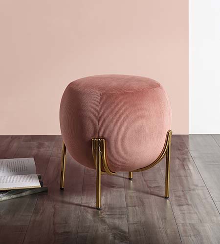 Assembled, Backless Round Ottoman (NO Storage) • Fully Padded Seat: Corduroy • Armless • Wooden Inner Frame • Metal Straight Leg