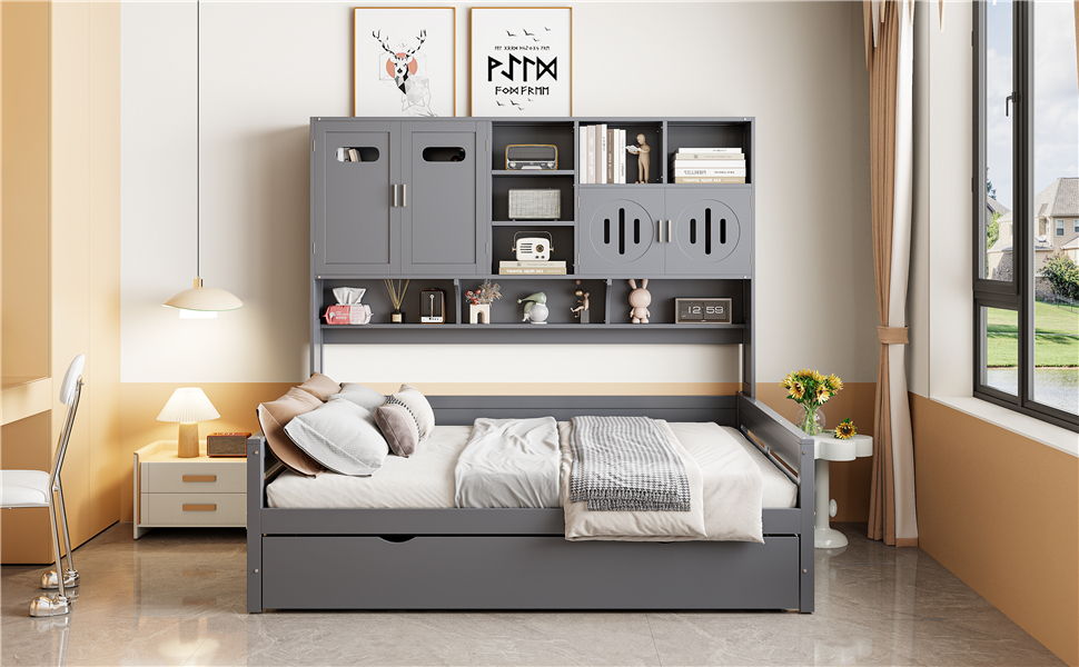 Daybed With All-In-One Cabinet And Shelf