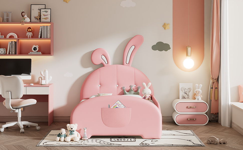 Upholstered Rabbit-Shape Princess Bed With Headboard And Footboard