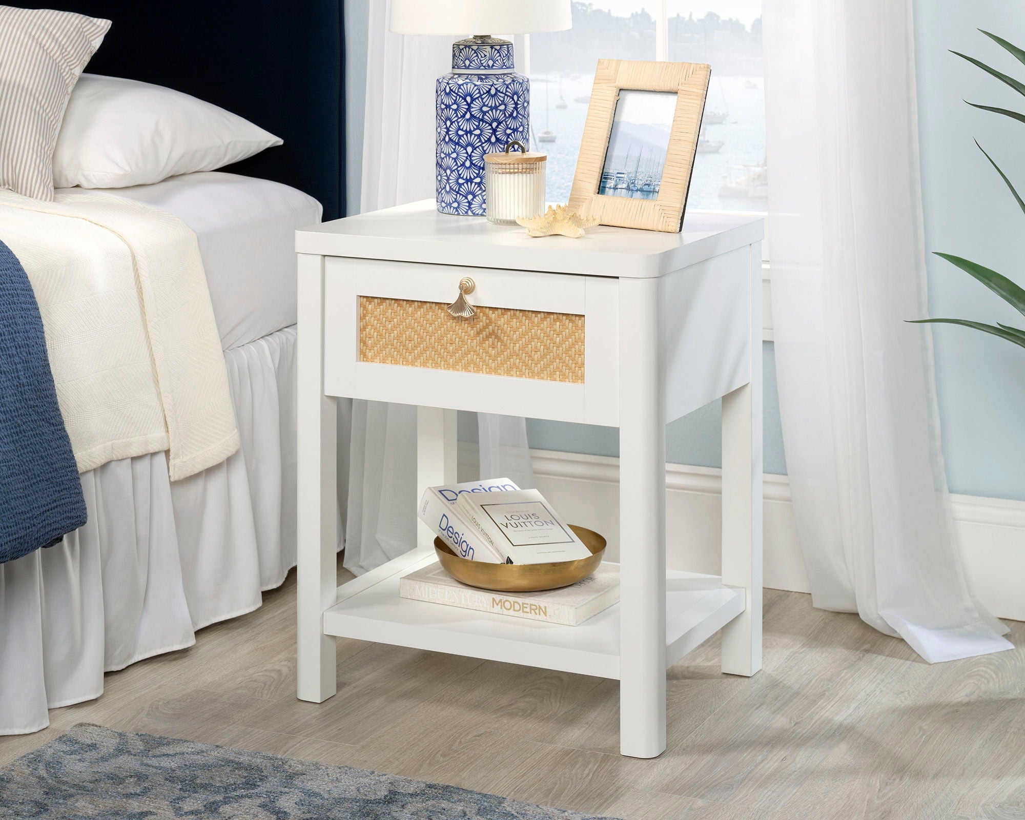 Night Stand with Open Storage in White/Rattan