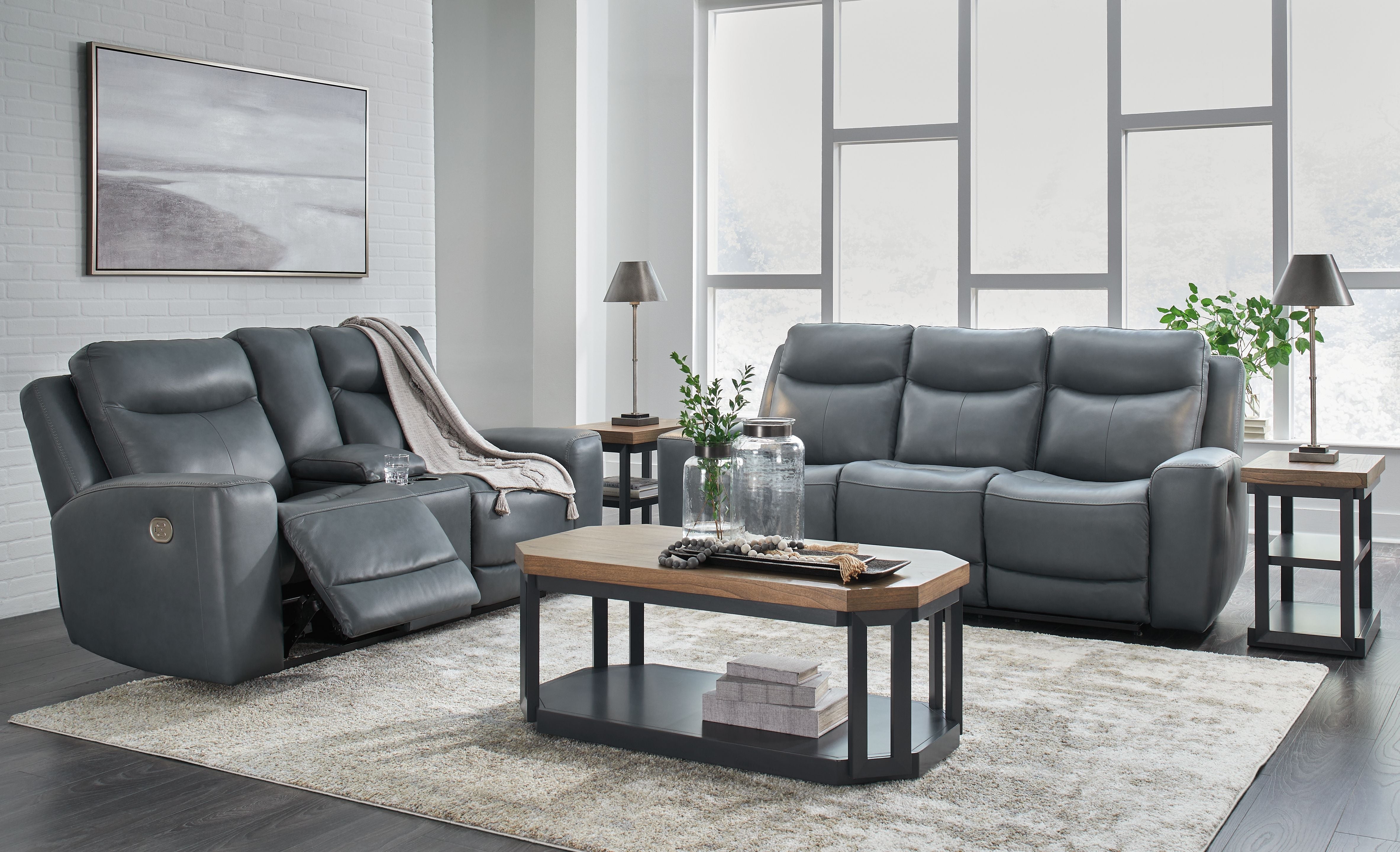 Signature Design by Ashley® Mindanao - Steel - 2 Pc. - Power Reclining Sofa, Power Reclining Loveseat With Console | Meri Furniture