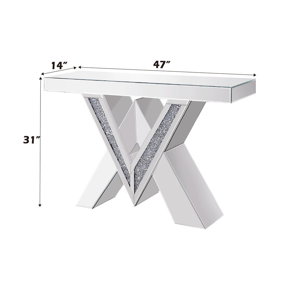 Noralie - Console Table, "V" Shape Pedestal - Mirrored & Faux Diamonds