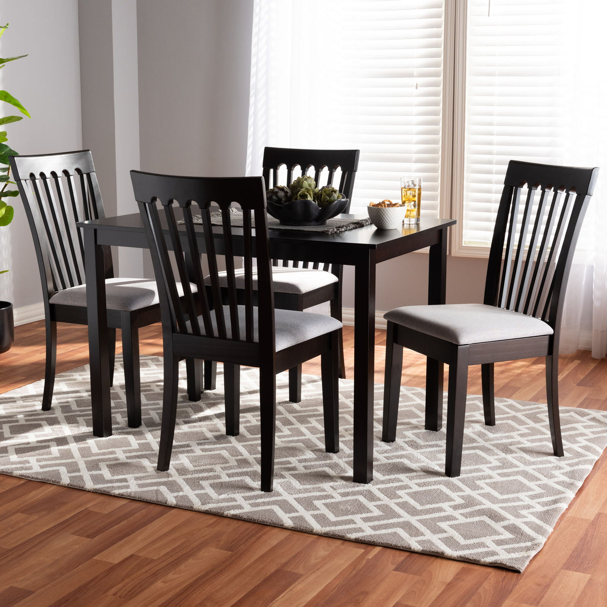 Minette Modern and Contemporary Gray Fabric Upholstered Espresso Brown Finished Wood 5-Piece Dining Set