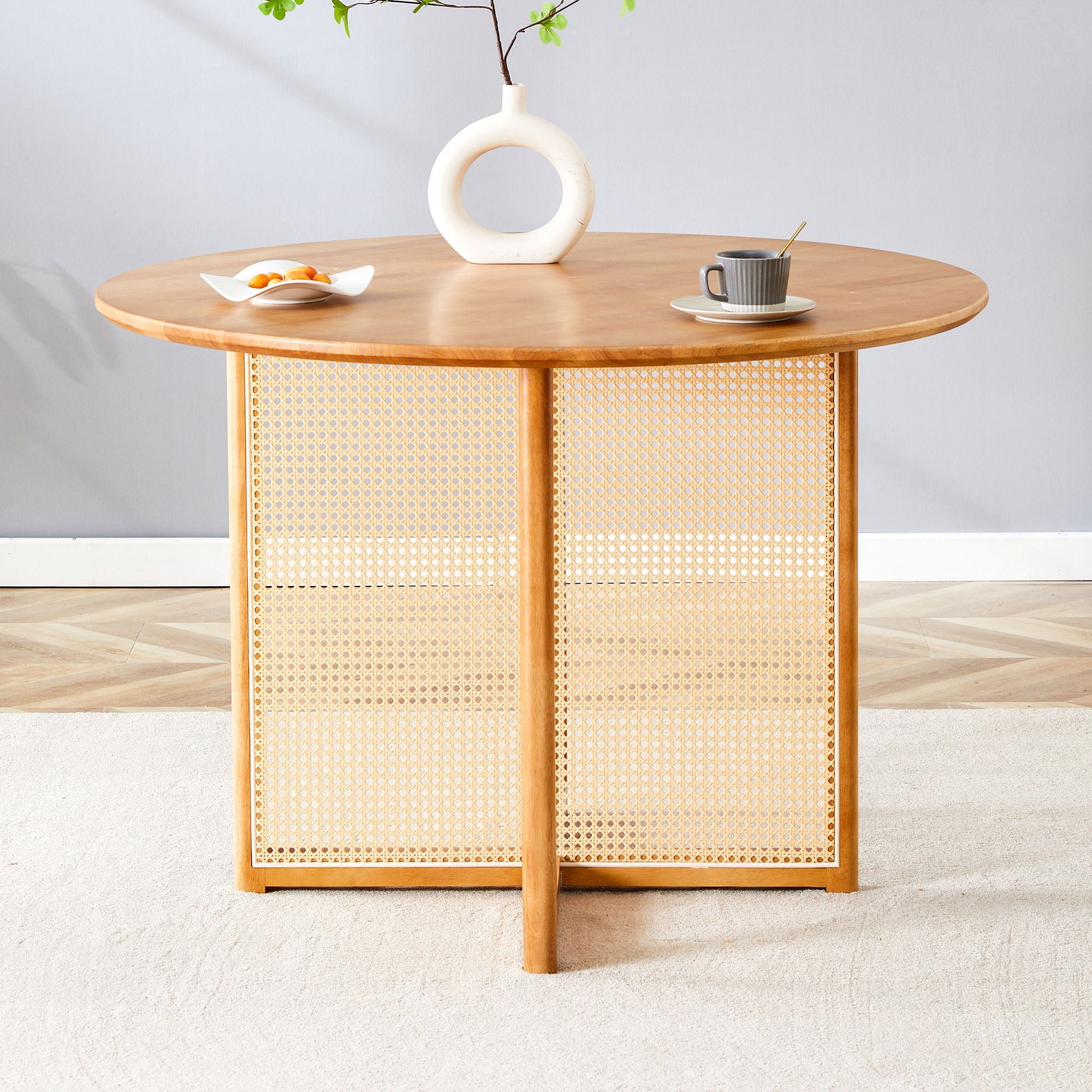 Chinese Countryside Retro Solid Wood Round Table, Simple Modern Imitation Rattan Table - Wood