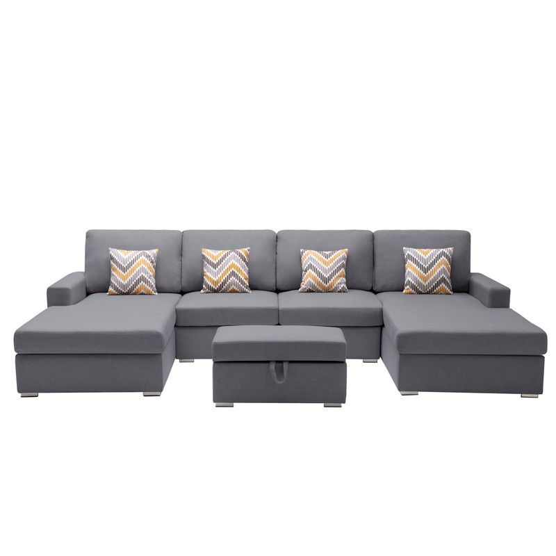 Nolan 124"W Gray Linen Fabric 5Pc Double Chaise Sectional Sofa with Interchangeable Legs, Storage Ottoman, and Pillows