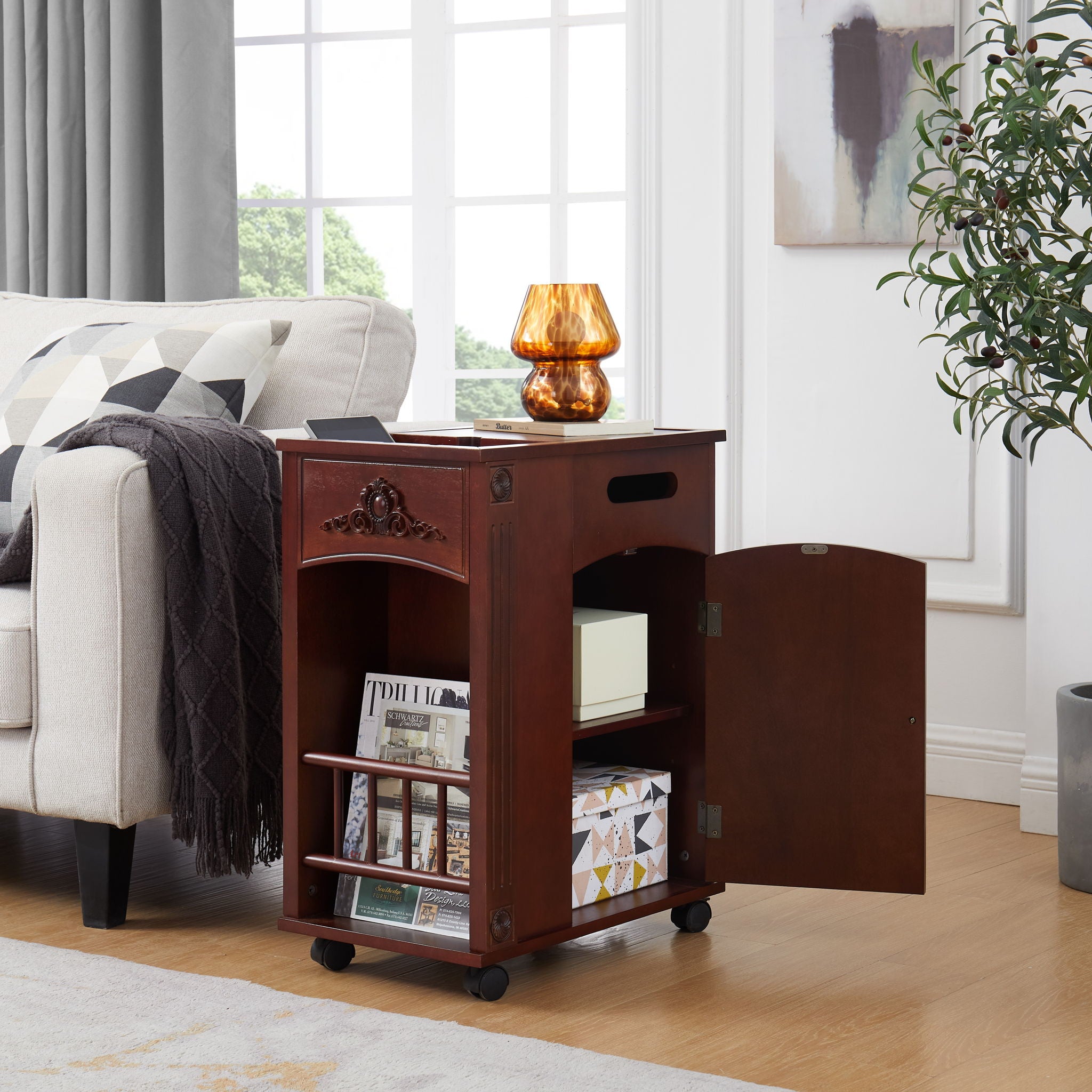 Traditional End Table With Charging Station, Narrow Side Table With USB Ports And Outlets - Red Walnut