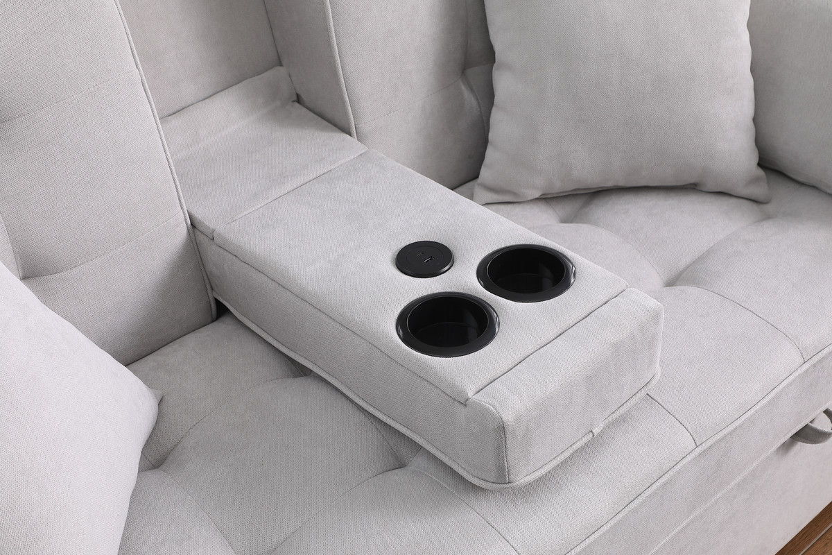Cody II 70"W Light Gray Woven Fabric Convertible Sleeper Loveseat with Dropdown Console, Cup Holders, Charging Ports, Pocket, and Pocket Coil Seating