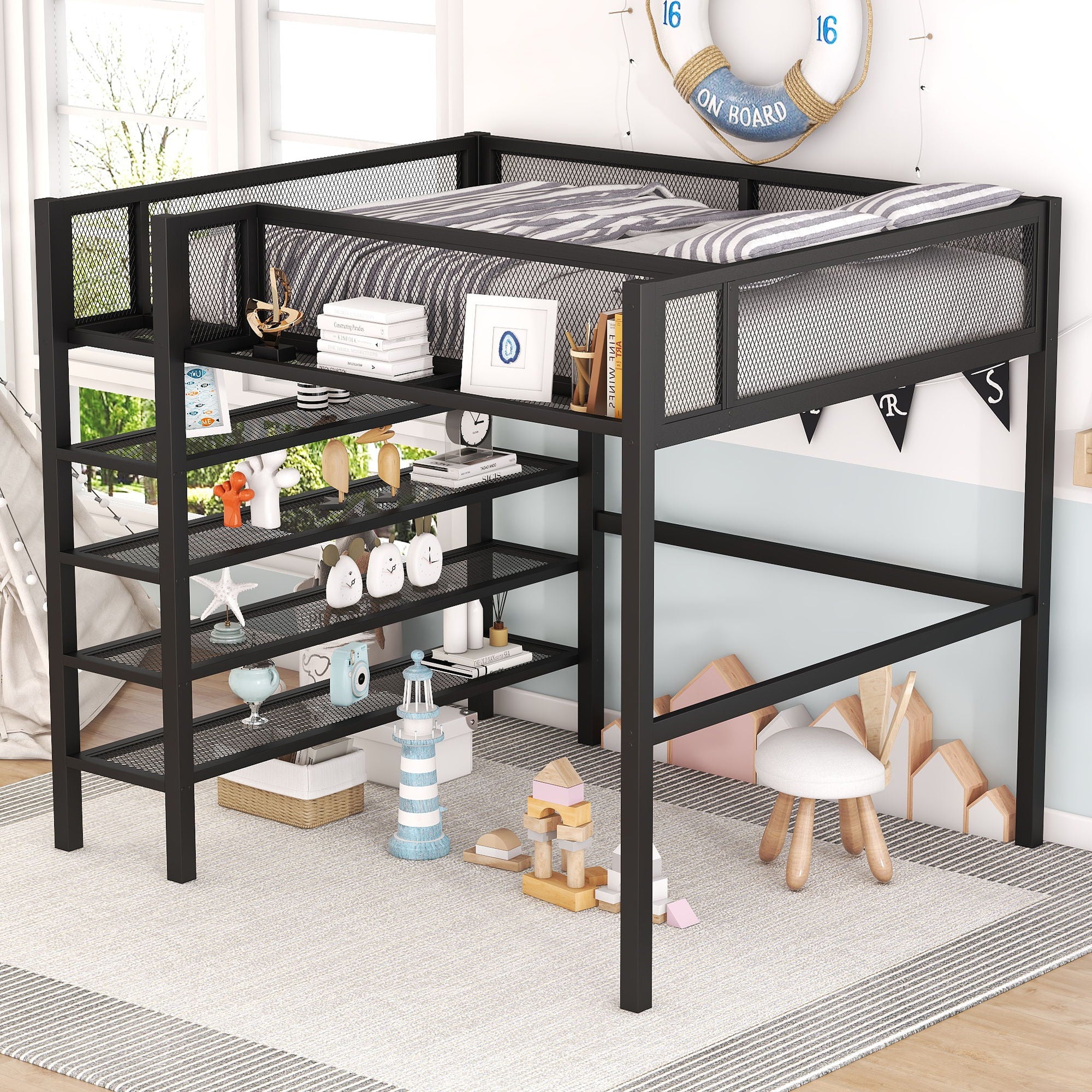 Loft Bed With 4 Tier Shelves And Storage