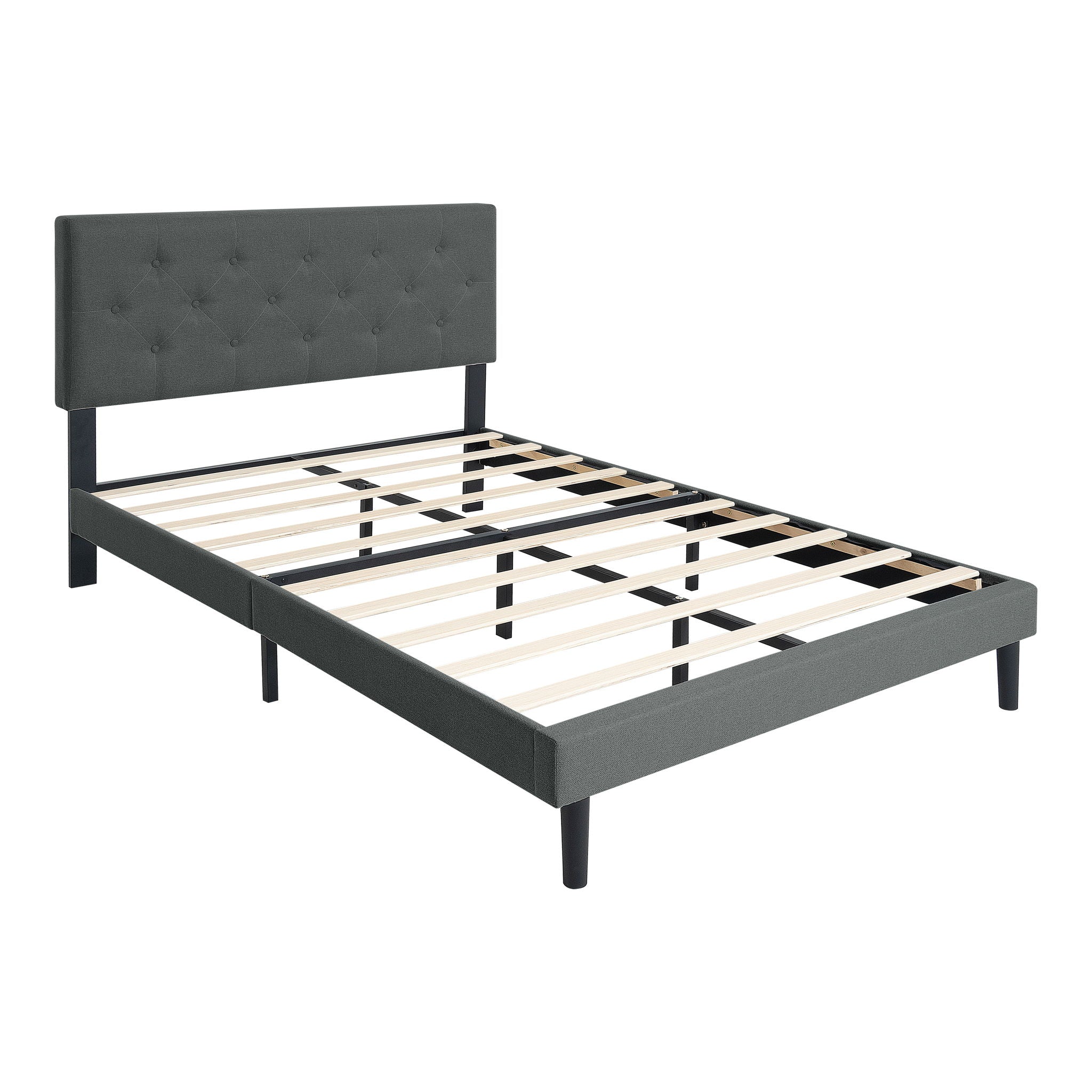 Modern Upholstered Platform Bed Frame With Button Tufted Linen Fabric Headboard