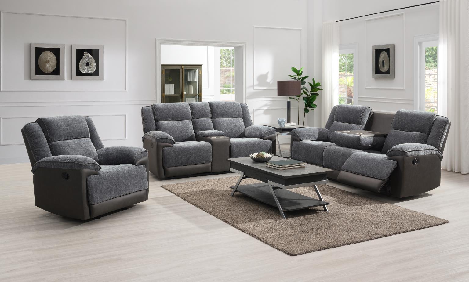U177 - Motion Sofa With Drop Down Table - Charcoal Gray