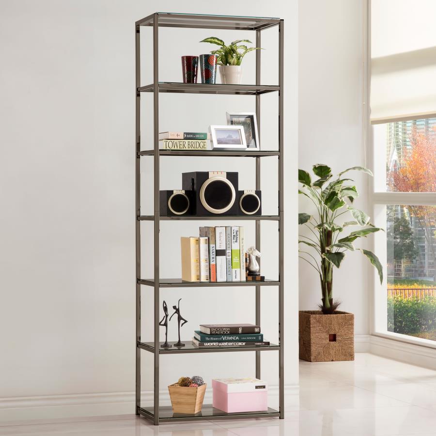 Coaster Fine Furniture Kate - 5-Shelf Glass Bookshelf - Black Nickel | Meri Furniture