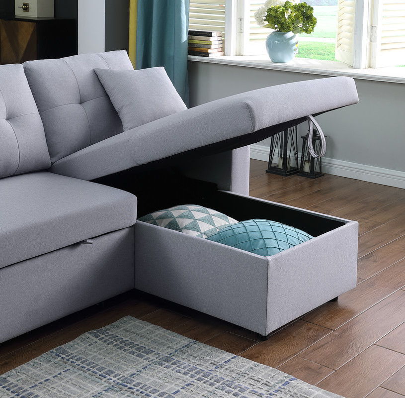Dennis 93"W Light Gray Linen Fabric Reversible Sleeper Sectional with Storage Chaise and 2 Stools