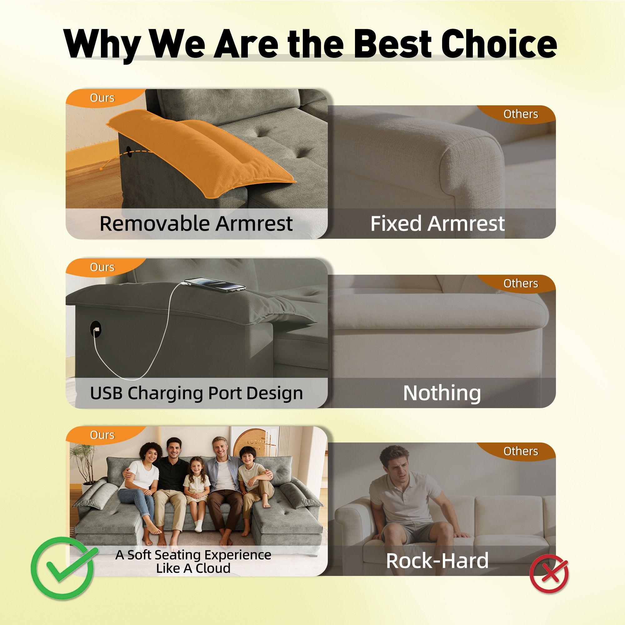 U-Shaped Sleeper Sofa With Pull Out Bed, Removable Armrests & USB Ports For Living Room