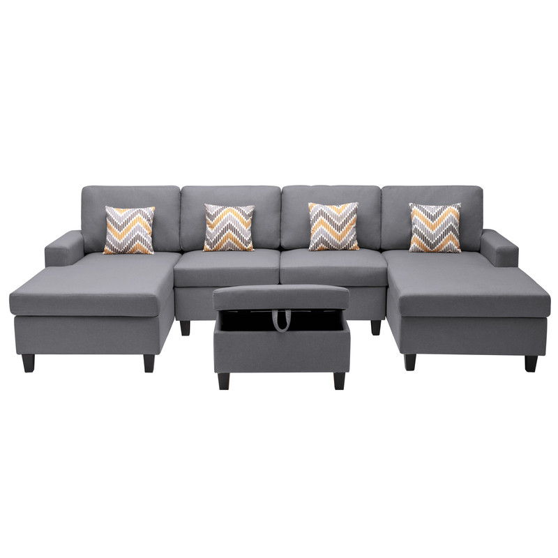 Nolan 124"W Gray Linen Fabric 5Pc Double Chaise Sectional Sofa with Interchangeable Legs, Storage Ottoman, and Pillows