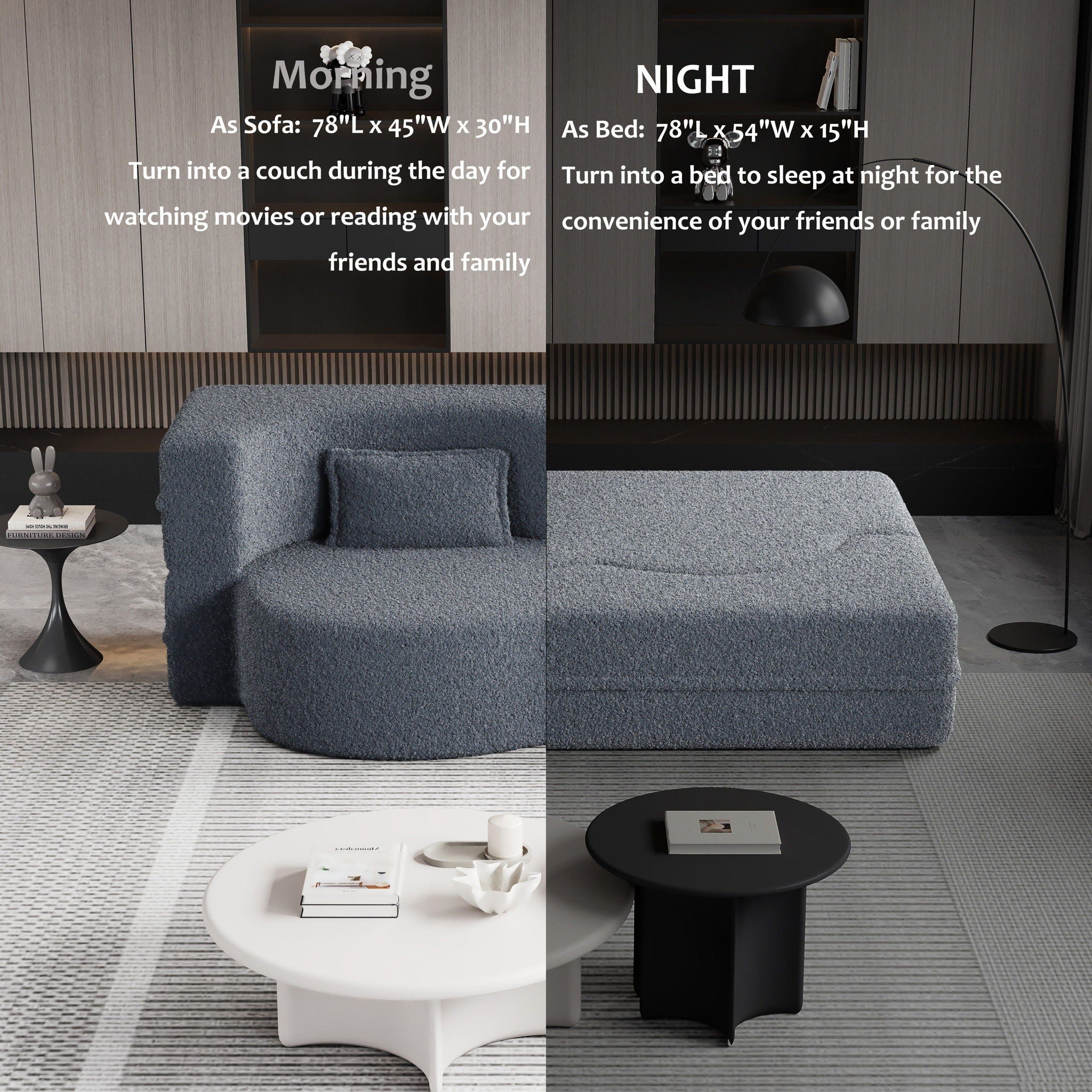 Modern Floor Sofa, With 2 Pillows, Convertible Teddy Fabric Foam Filled Bed