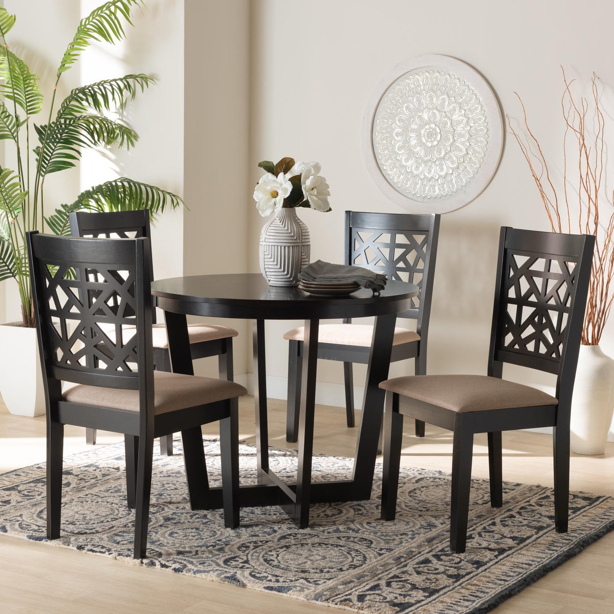 Jamie Moden Beige Fabric and Dark Brown Finished Wood 5-Piece Dining Set