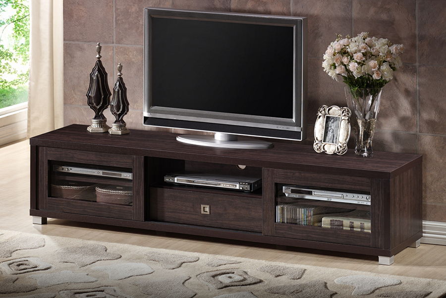 Beasley 70-Inch Dark Brown TV Cabinet with 2 Sliding Doors and Drawer