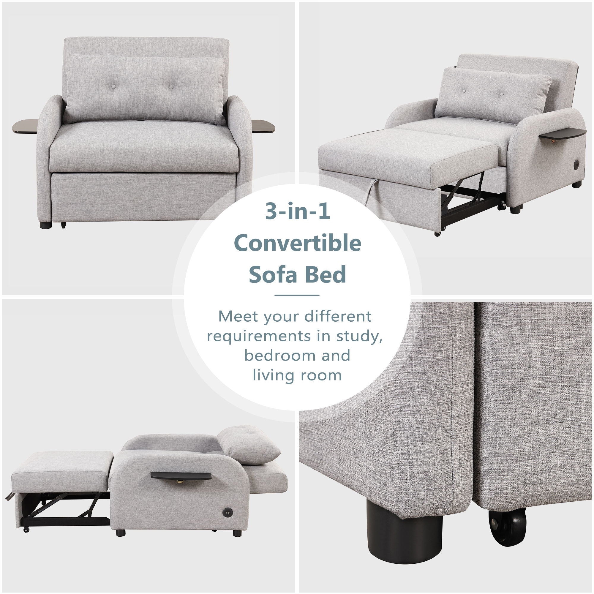 Versatile Pull Out Sofa Sleeper 3 In 1 With Wing Table & USB Charge, Compact Design