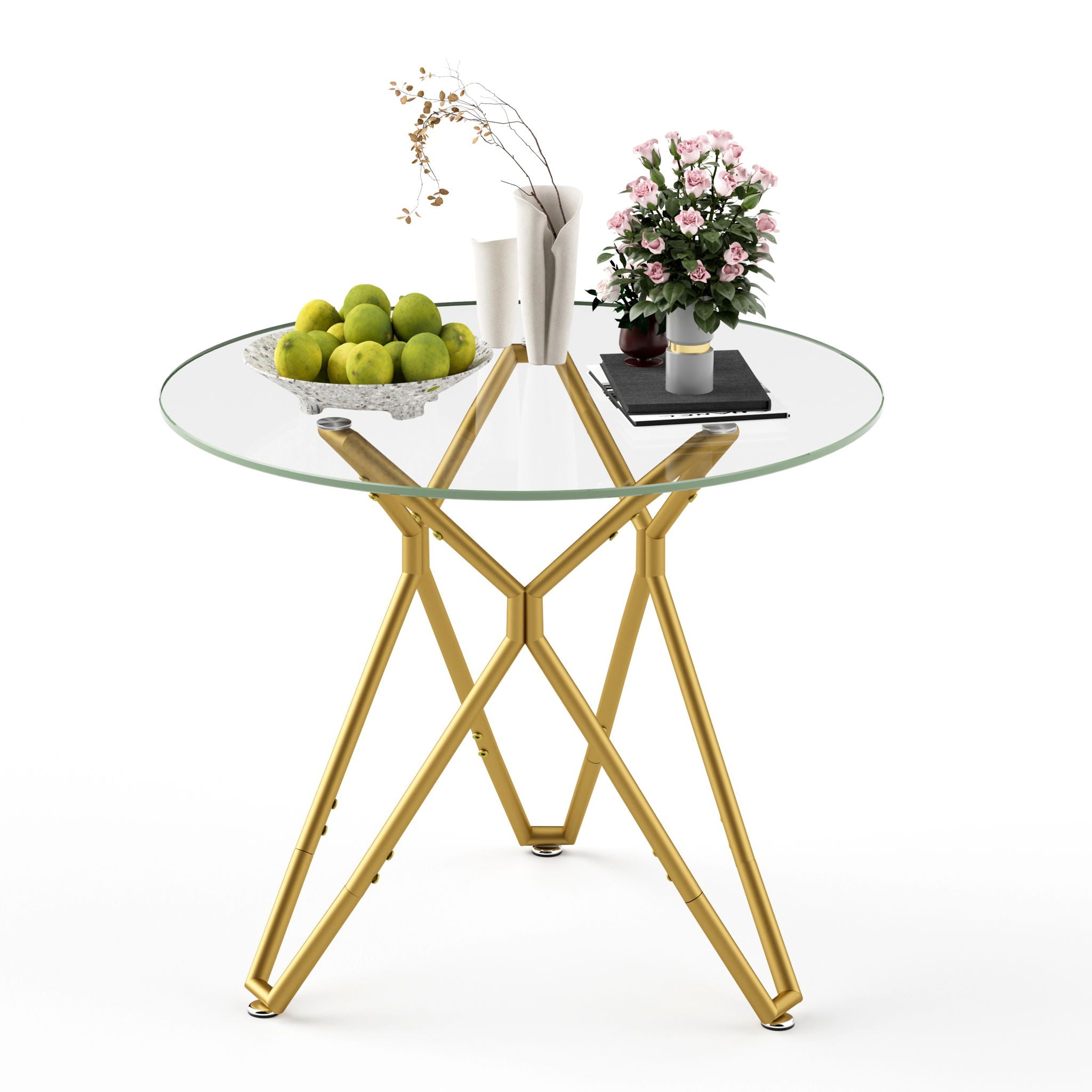 Modern Round Tempered Glass Dining Table With Sturdy Metal Legs For 1 - 4 People - Gold