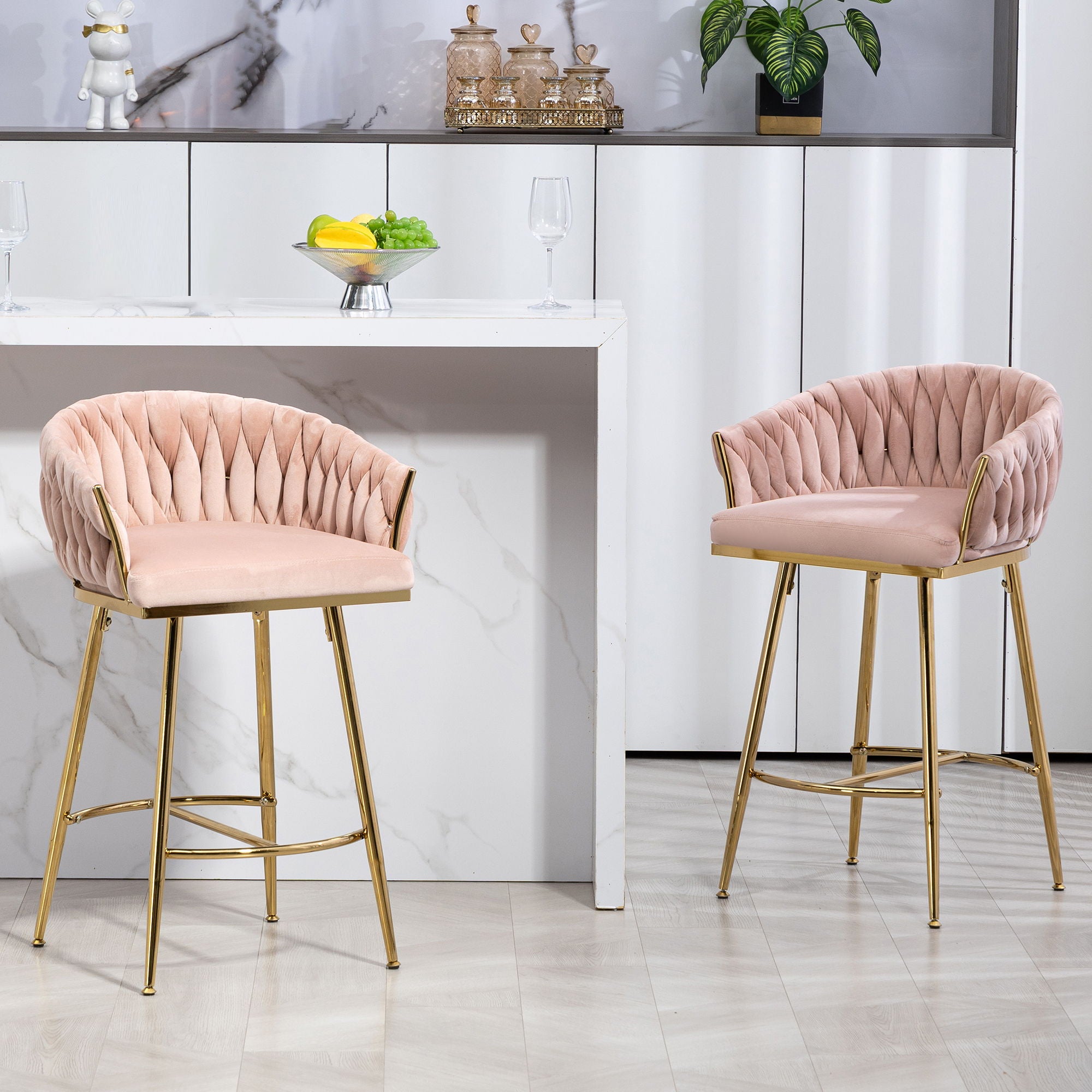 Counter Height Bar Stools Kitchen Island Counter Bar Stool With Hand - Wave Back, Golden Chromed Base And Footrest (Set of 2) - Pink