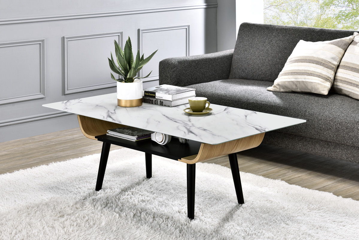 Landon 47"W Coffee Table with Glass White Marble Texture Top and Bent Wood Design