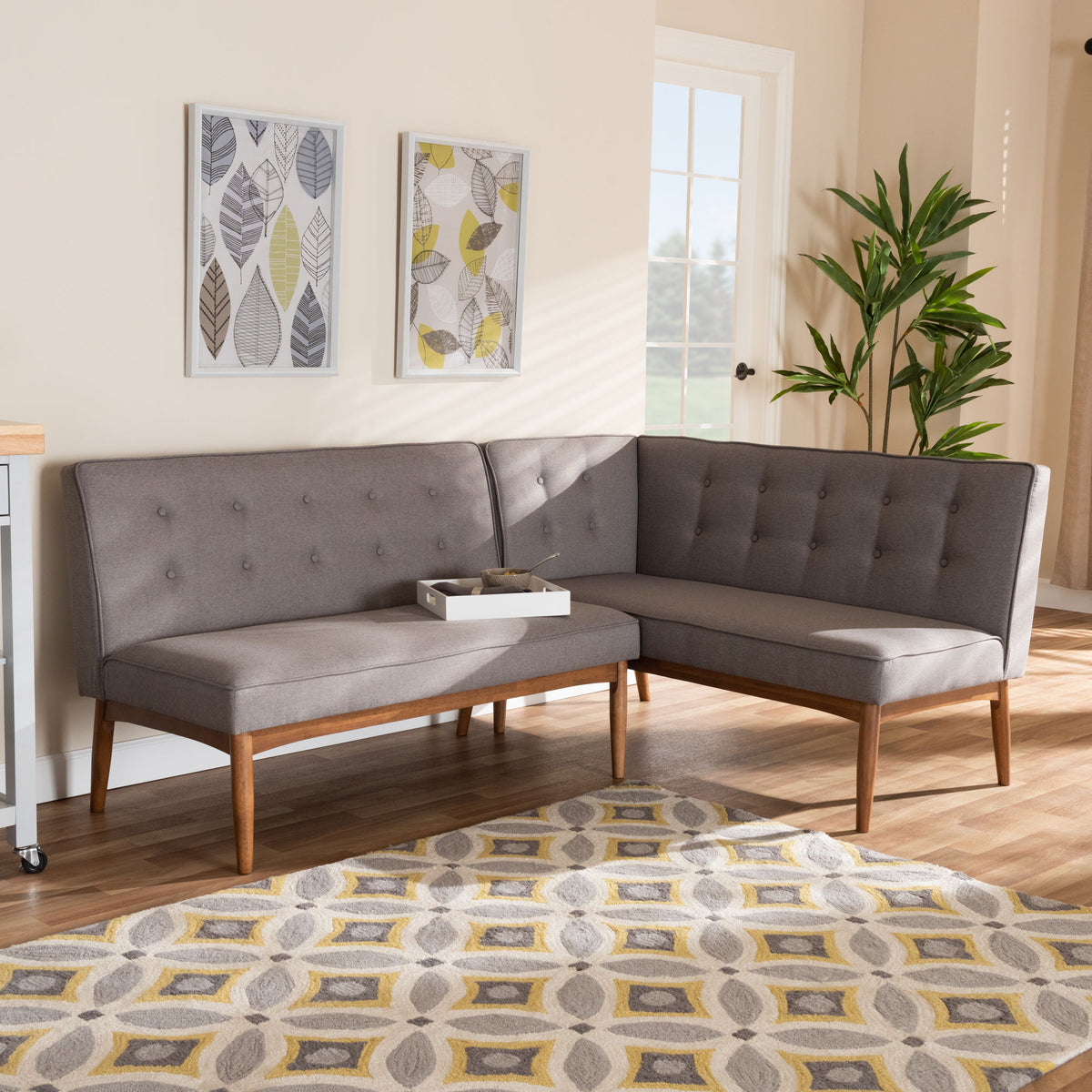 Arvid Mid-Century Modern Gray Fabric Upholstered 2-Piece Wood Dining Nook Banquette Set
