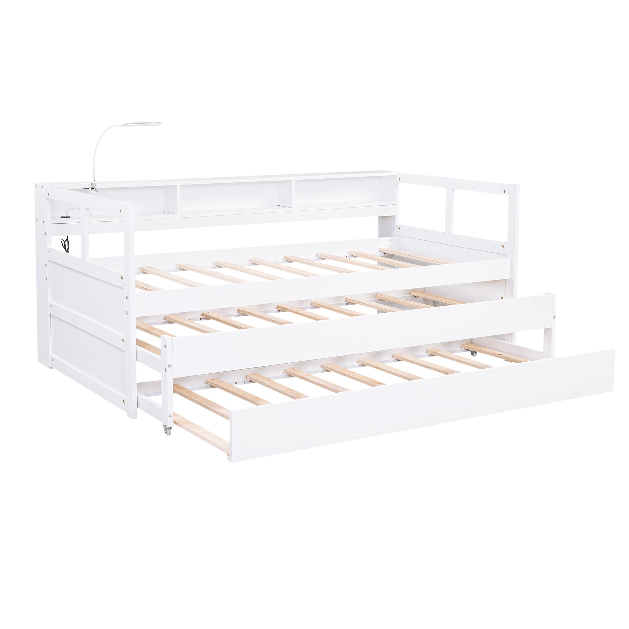 Daybed With 2 Trundles, 3 Storage Cubbies, Built In USB Charging Light