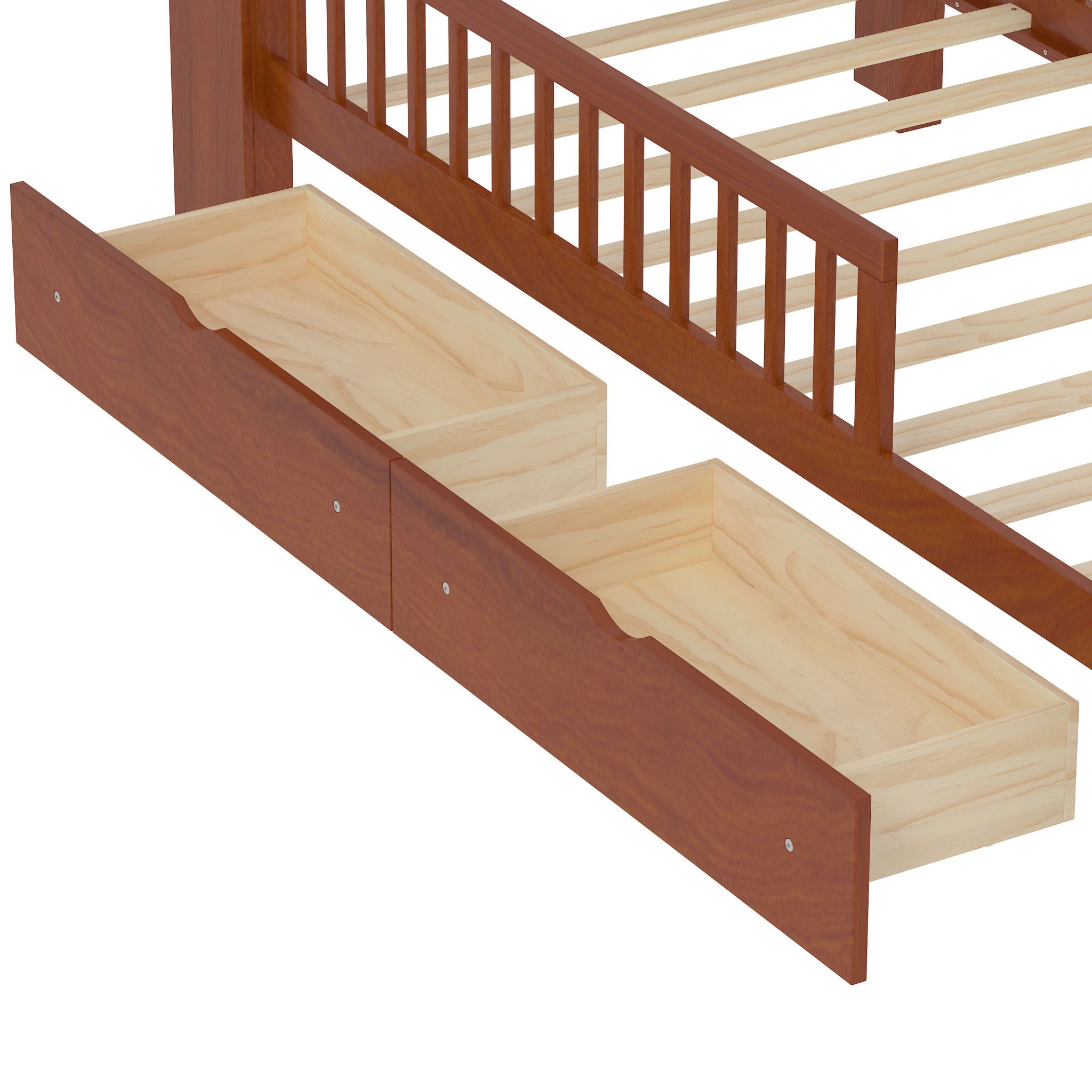 Bed With Headboard Storage Rack, 2 Under Bed Drawers, 3 Side Guardrails For Safety