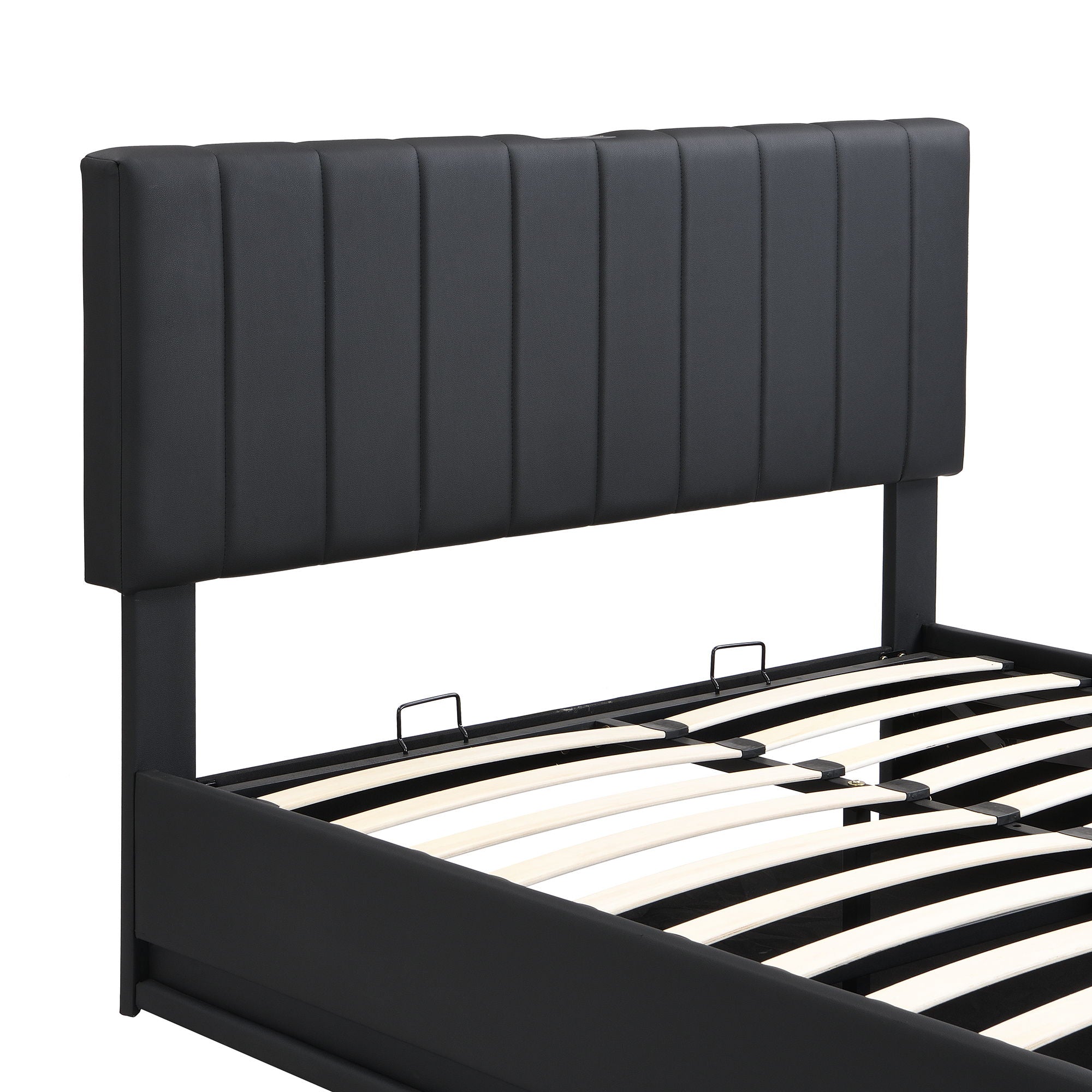Upholstered Bed With Hydraulic Storage System And LED Light, With Sockets And USB Ports