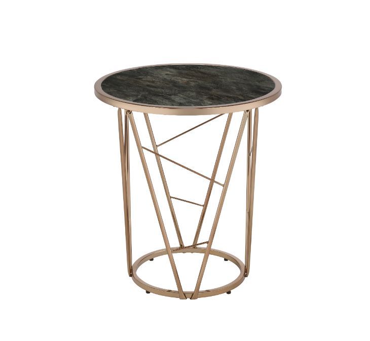 ACME Cicatrix - End Table - Faux Black Marble Glass & Champagne Finish | Meri Furniture