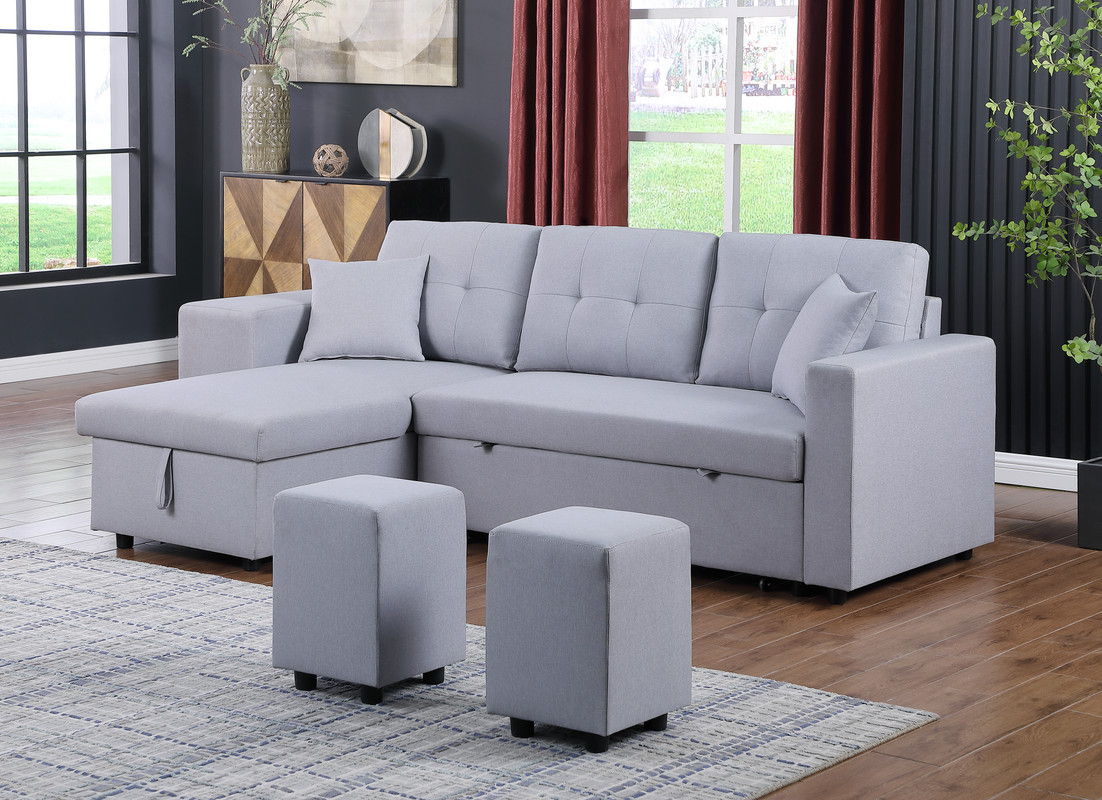 Dennis 93"W Light Gray Linen Fabric Reversible Sleeper Sectional with Storage Chaise and 2 Stools